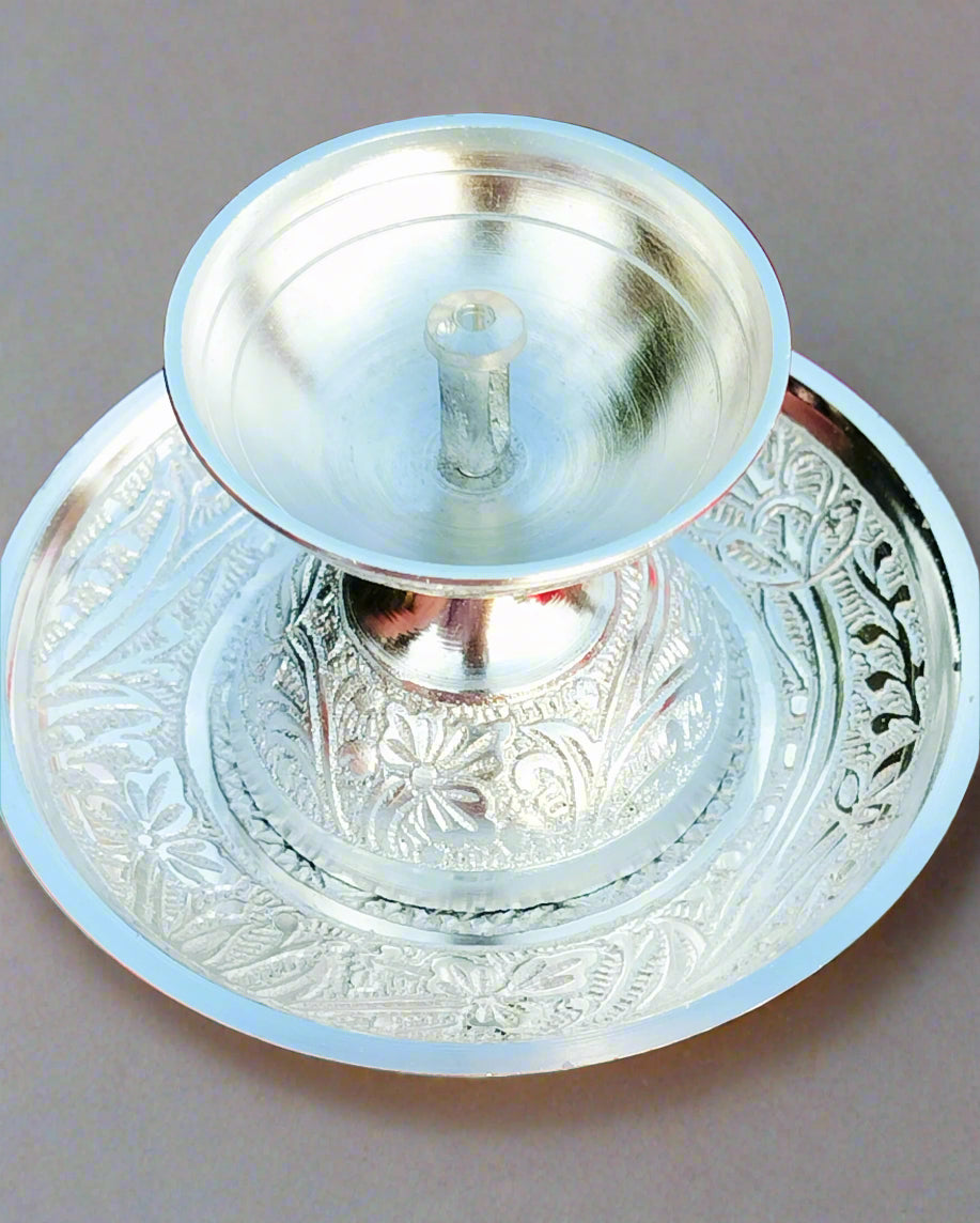 German silver daily use Akhand diya with aarti plate set , set of 2 pair( 4 pieces)