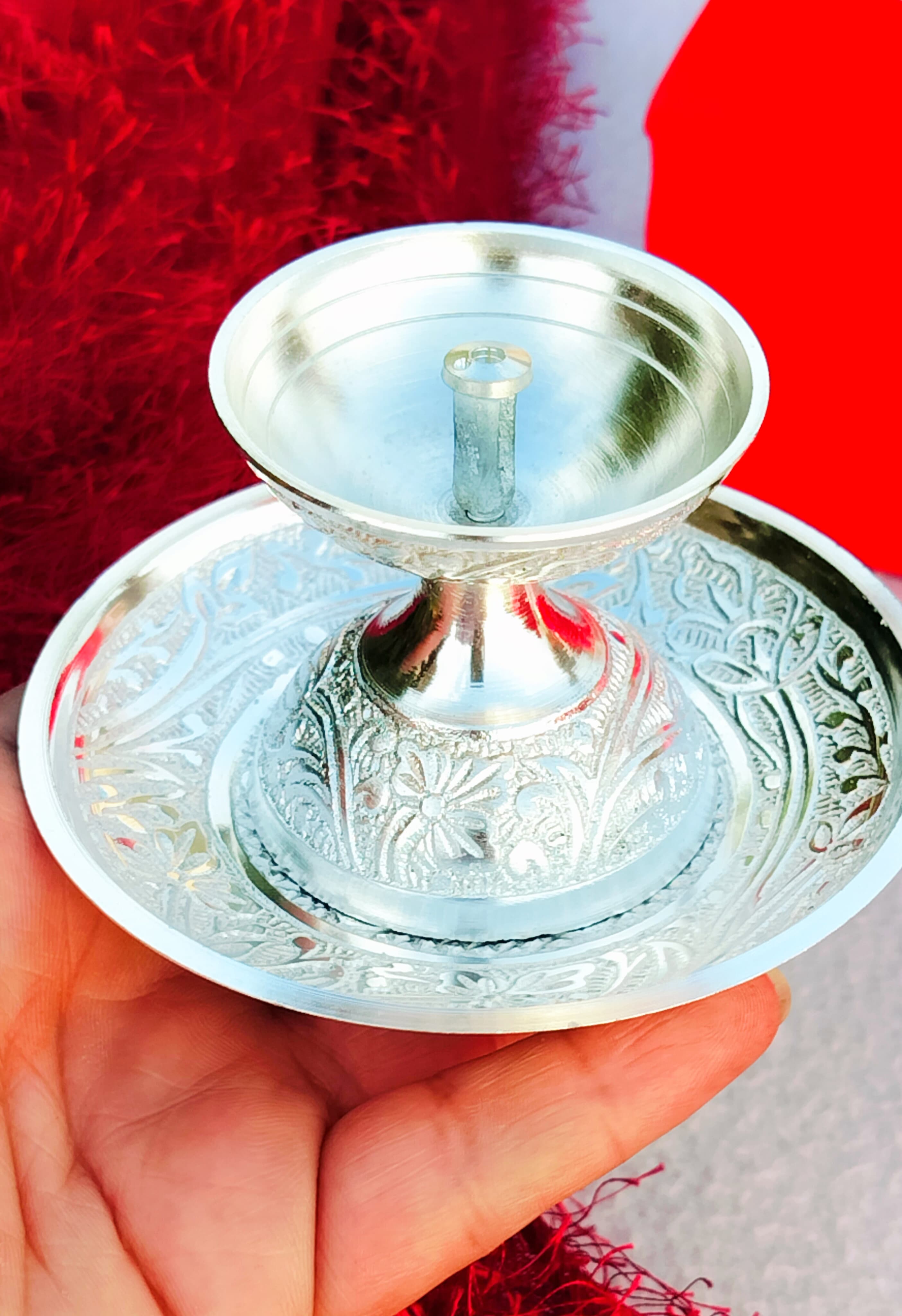 German silver daily use Akhand diya with aarti plate set , set of 2 pair( 4 pieces)