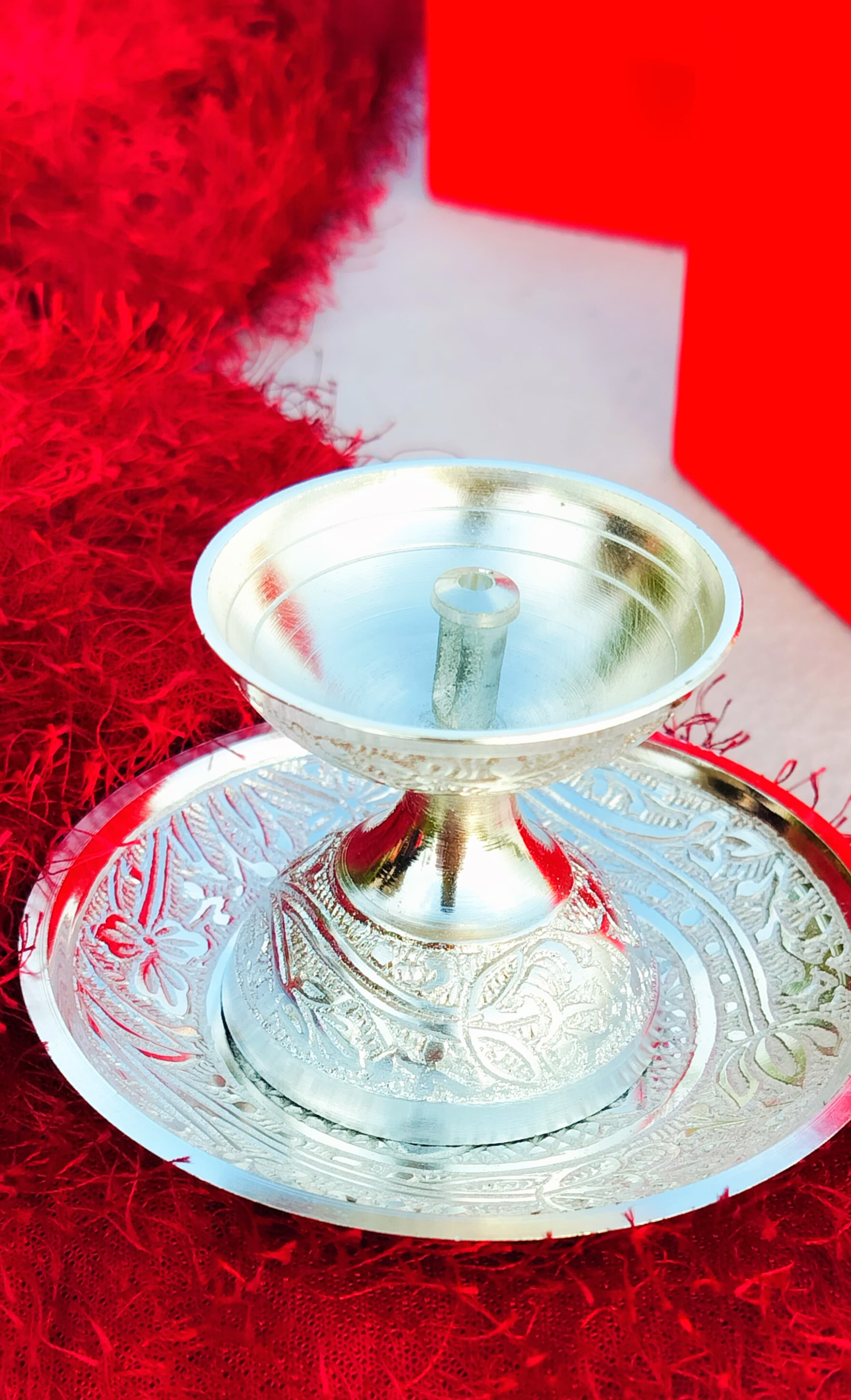 German silver daily use Akhand diya with aarti plate set , set of 2 pair( 4 pieces)