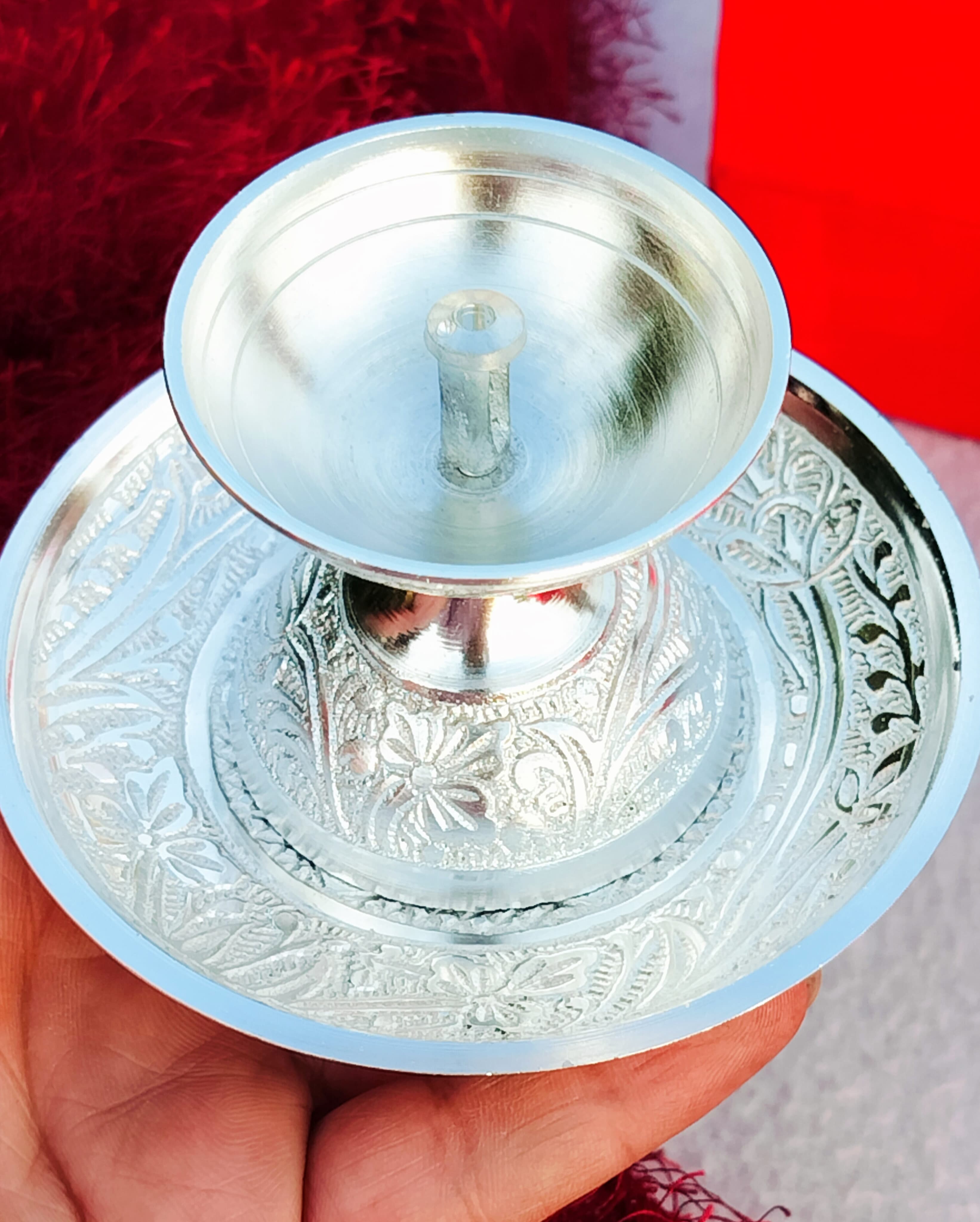 German silver daily use Akhand diya with aarti plate set , set of 2 pair( 4 pieces)