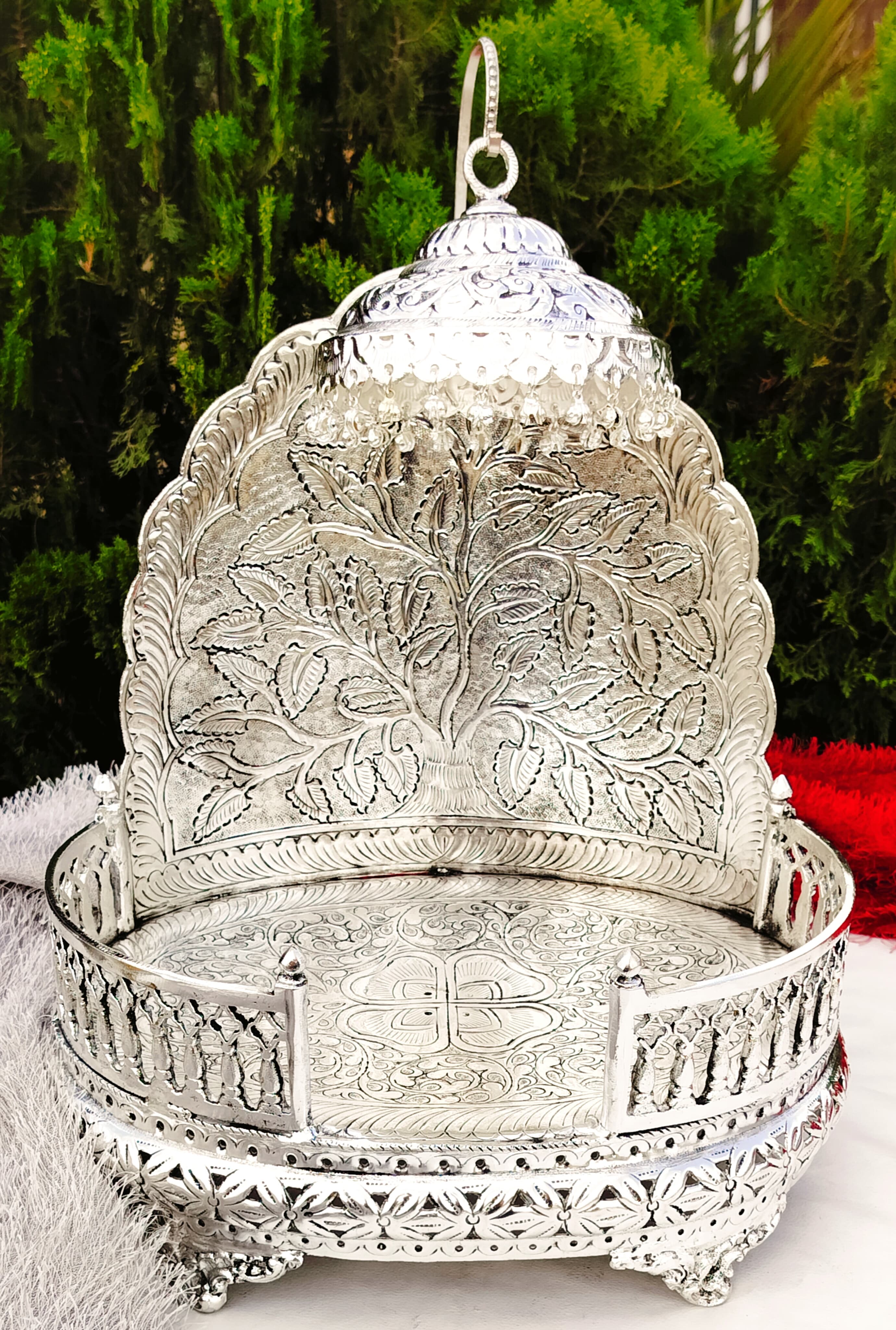 Antique finish German silver singhasan with detachable chatar for idol