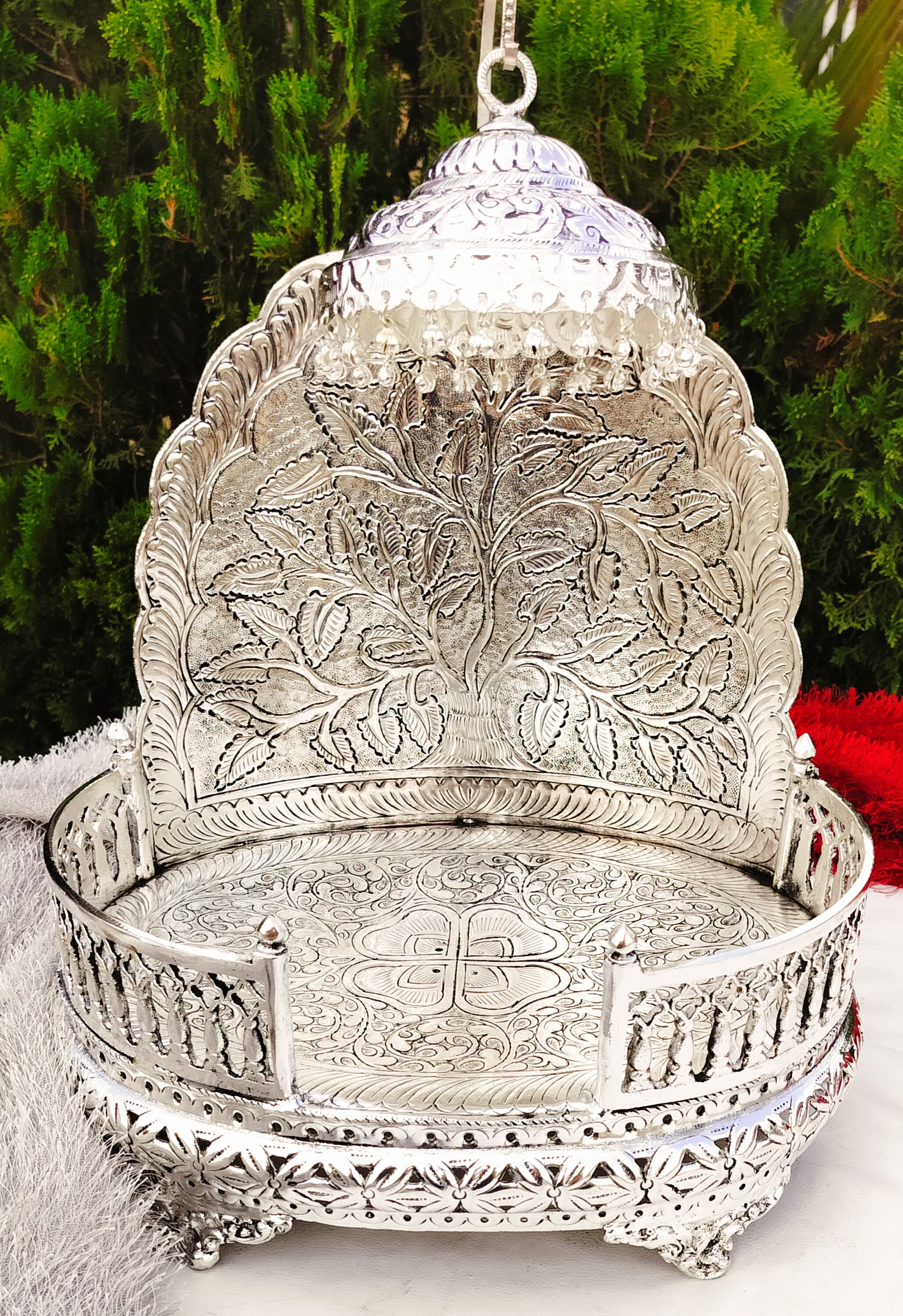 Antique finish German silver singhasan with detachable chatar for idol