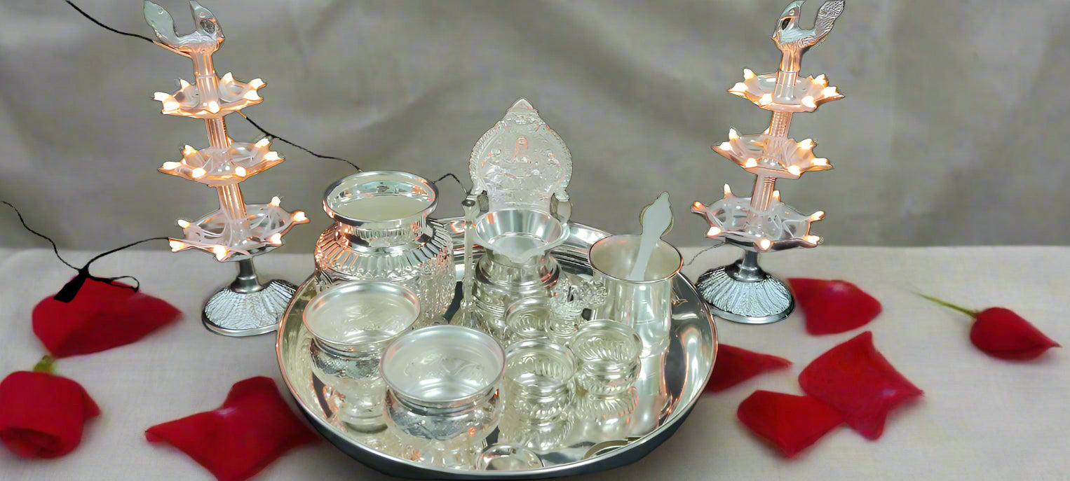 german silver pooja thali set with peacock diya for varalakshmi pooja/ housewarming/diwali