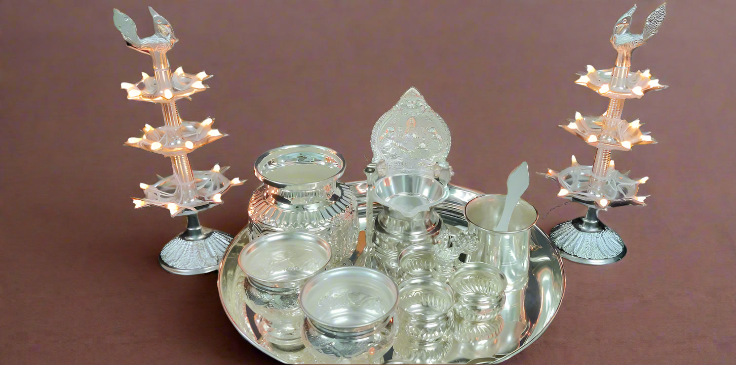 german silver pooja thali set with peacock diya for varalakshmi pooja/ housewarming/diwali