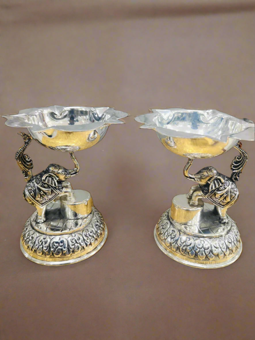 pure silver plated elephant diya set for home décor/ diwali/ housewarming/ gift item