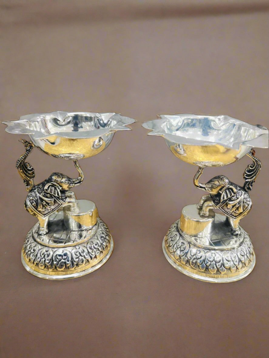 pure silver plated elephant diya set for home décor/ diwali/ housewarming/ gift item
