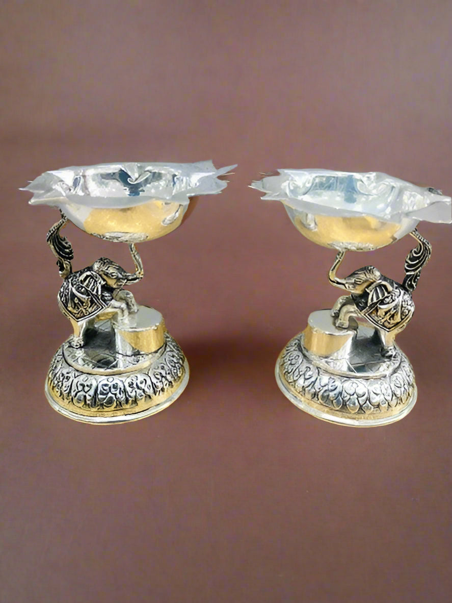 pure silver plated elephant diya set for home décor/ diwali/ housewarming/ gift item