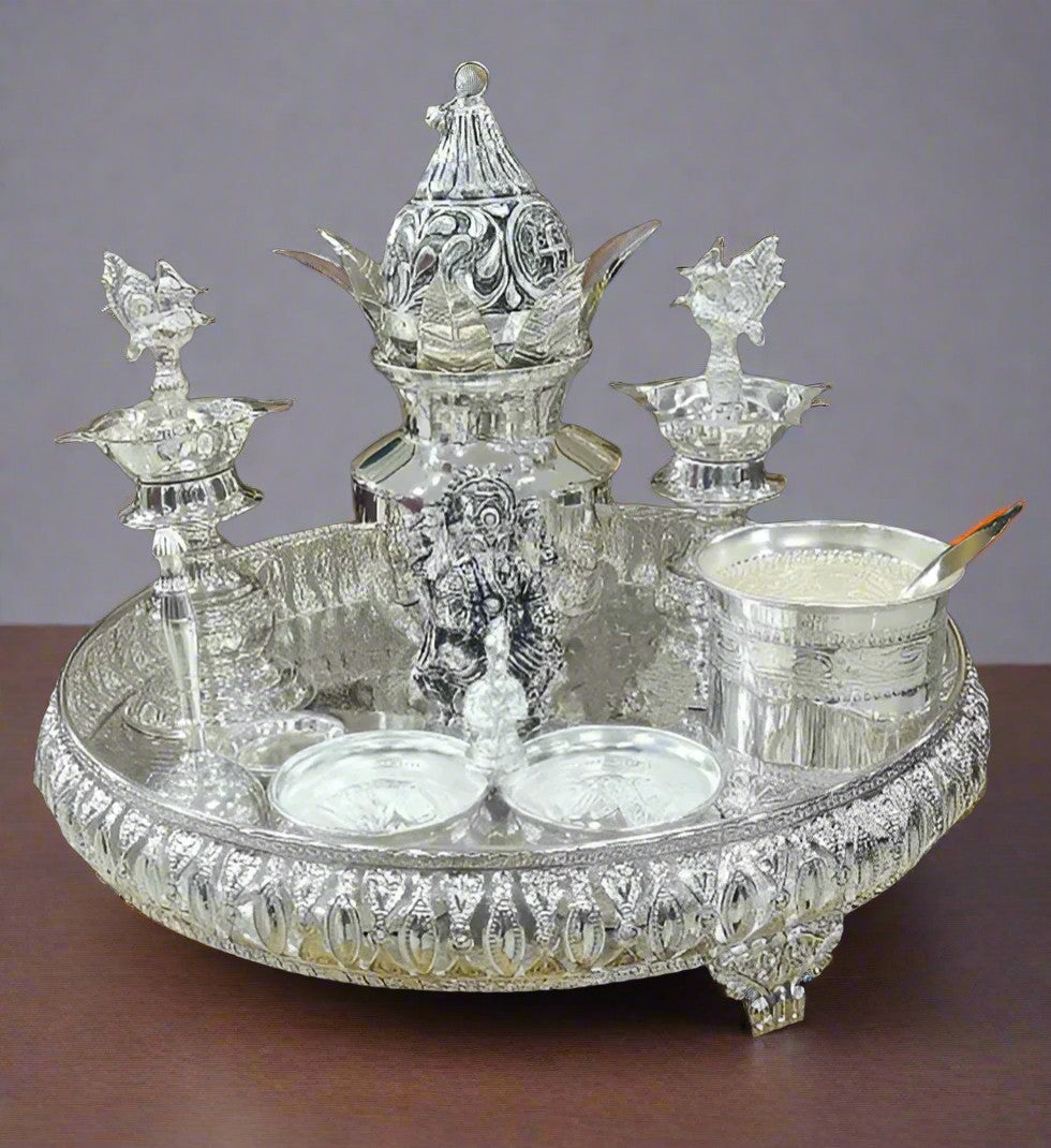 pure German silver pooja thali set of 9  pieces for housewarming pooja/Diwali festival