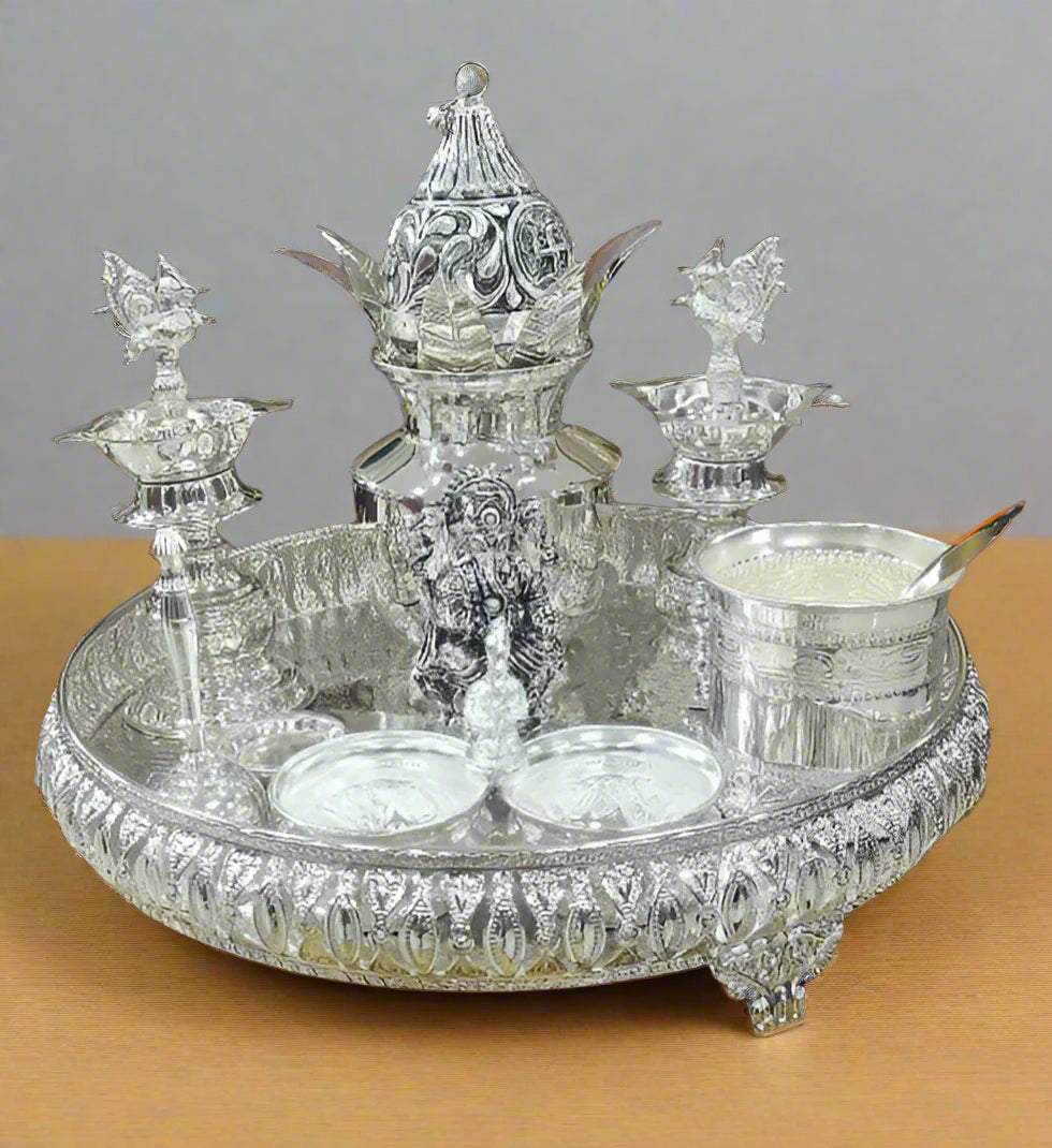 pure German silver pooja thali set of 9  pieces for housewarming pooja/Diwali festival