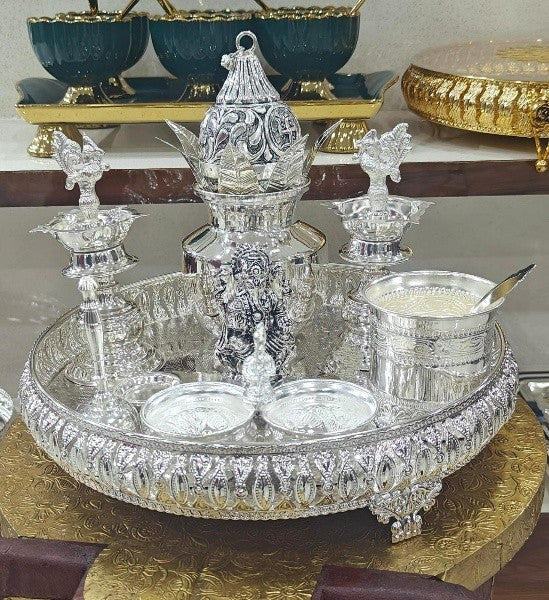 pure German silver pooja thali set of 9  pieces for housewarming pooja/Diwali festival