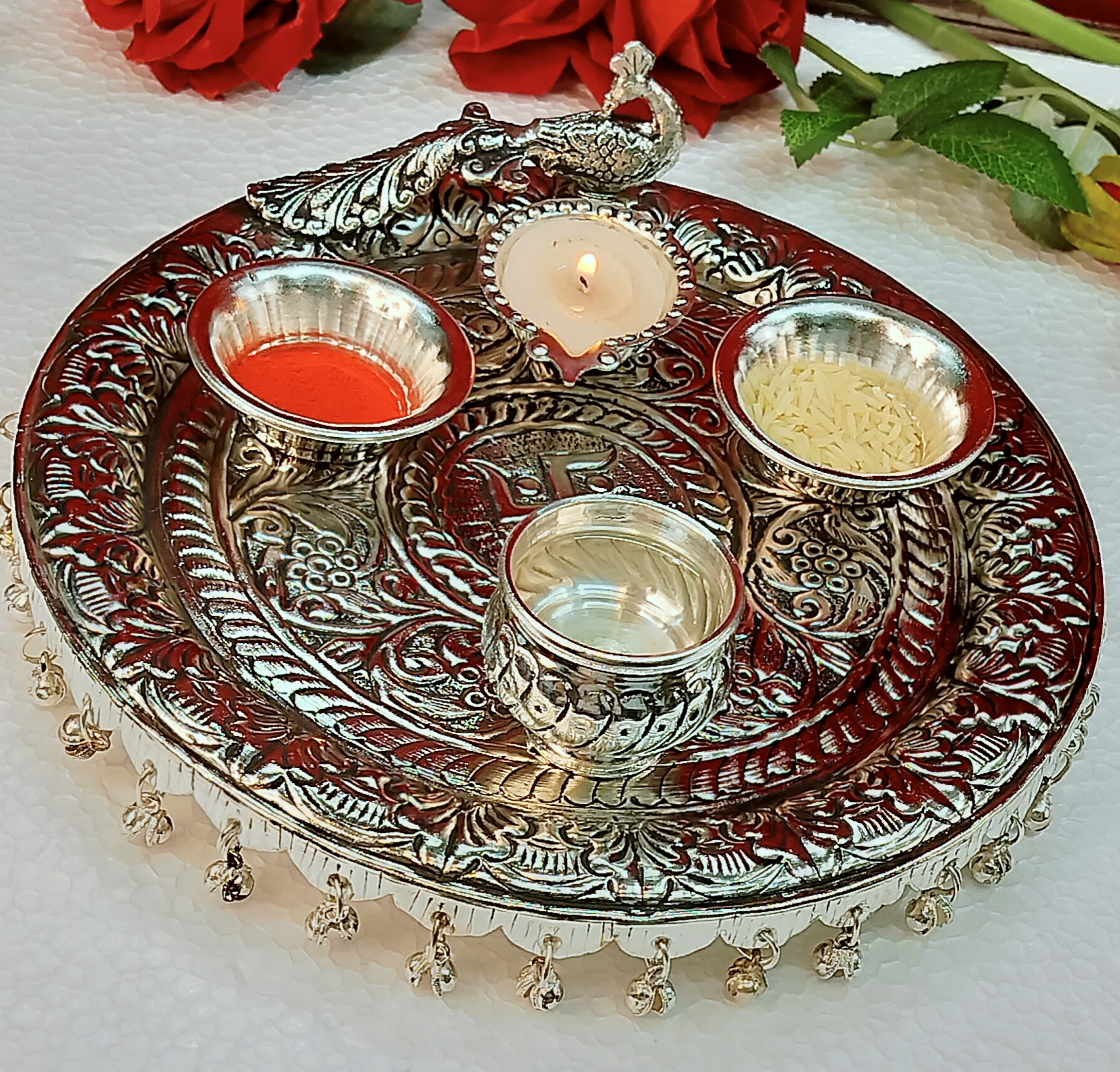 German silver peacock design Ghungaru Aarti thali set of 4 pieces