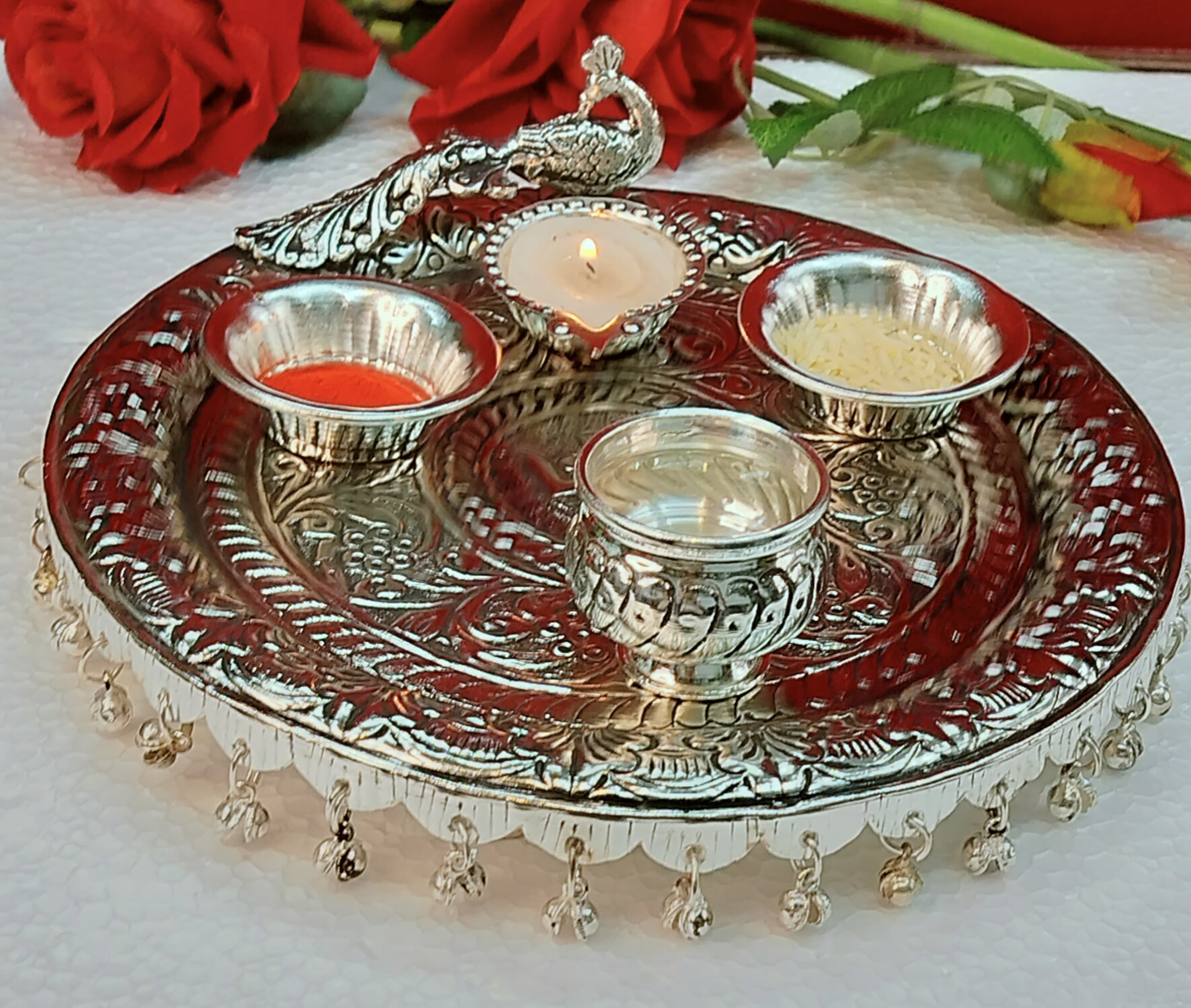 German silver peacock design Ghungaru Aarti thali set of 4 pieces
