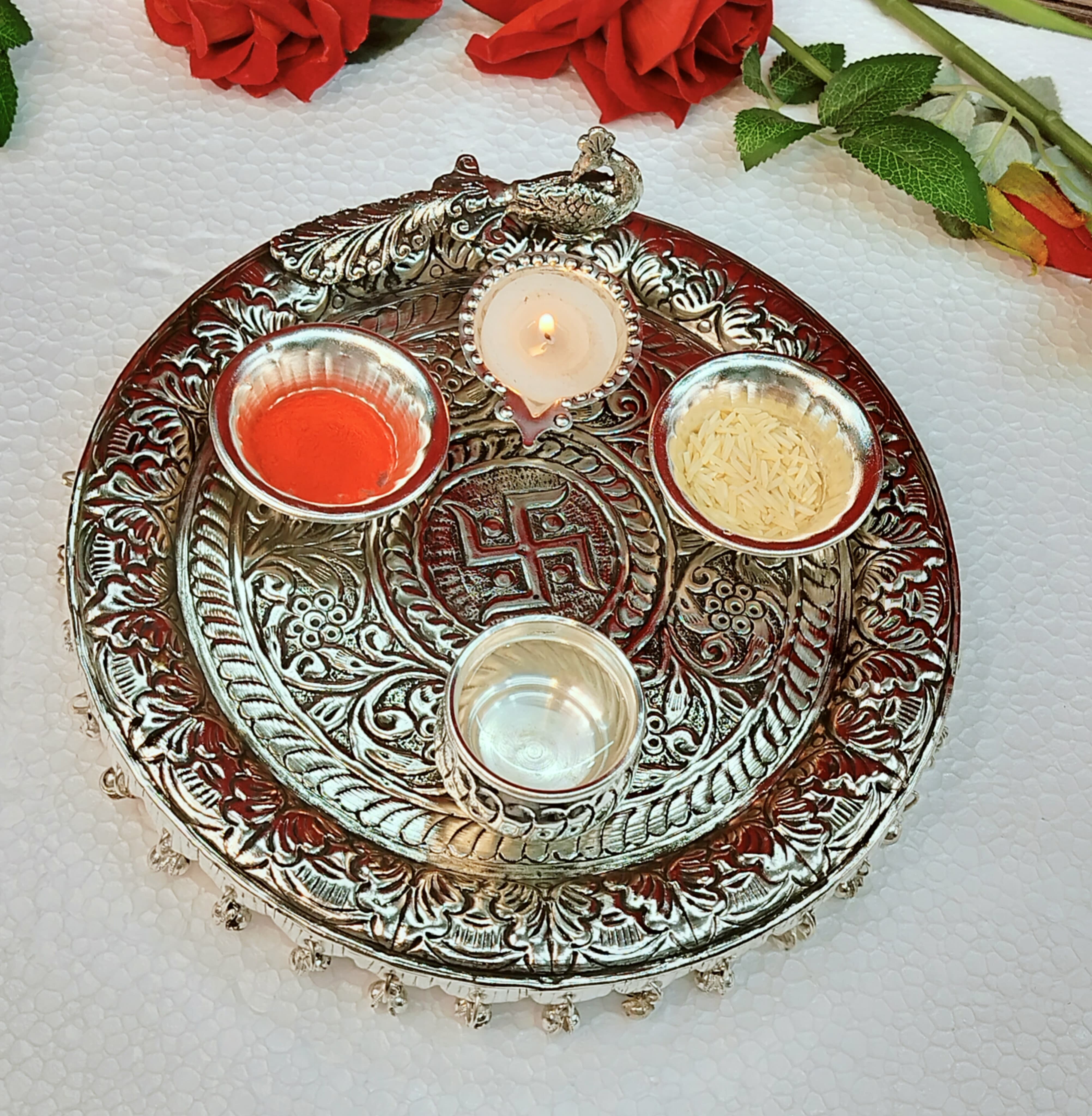 German silver peacock design Ghungaru Aarti thali set of 4 pieces