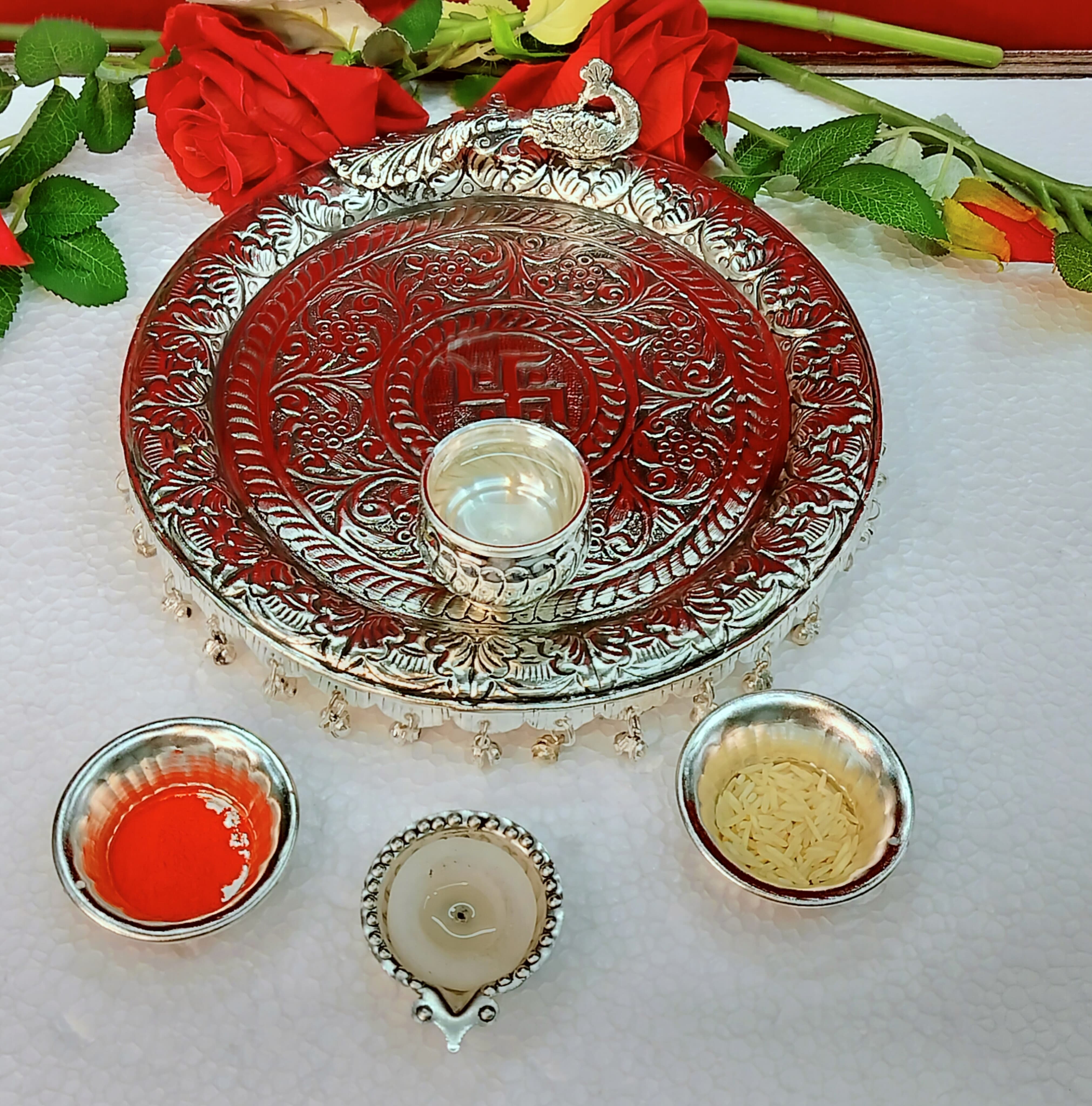 German silver peacock design Ghungaru Aarti thali set of 4 pieces