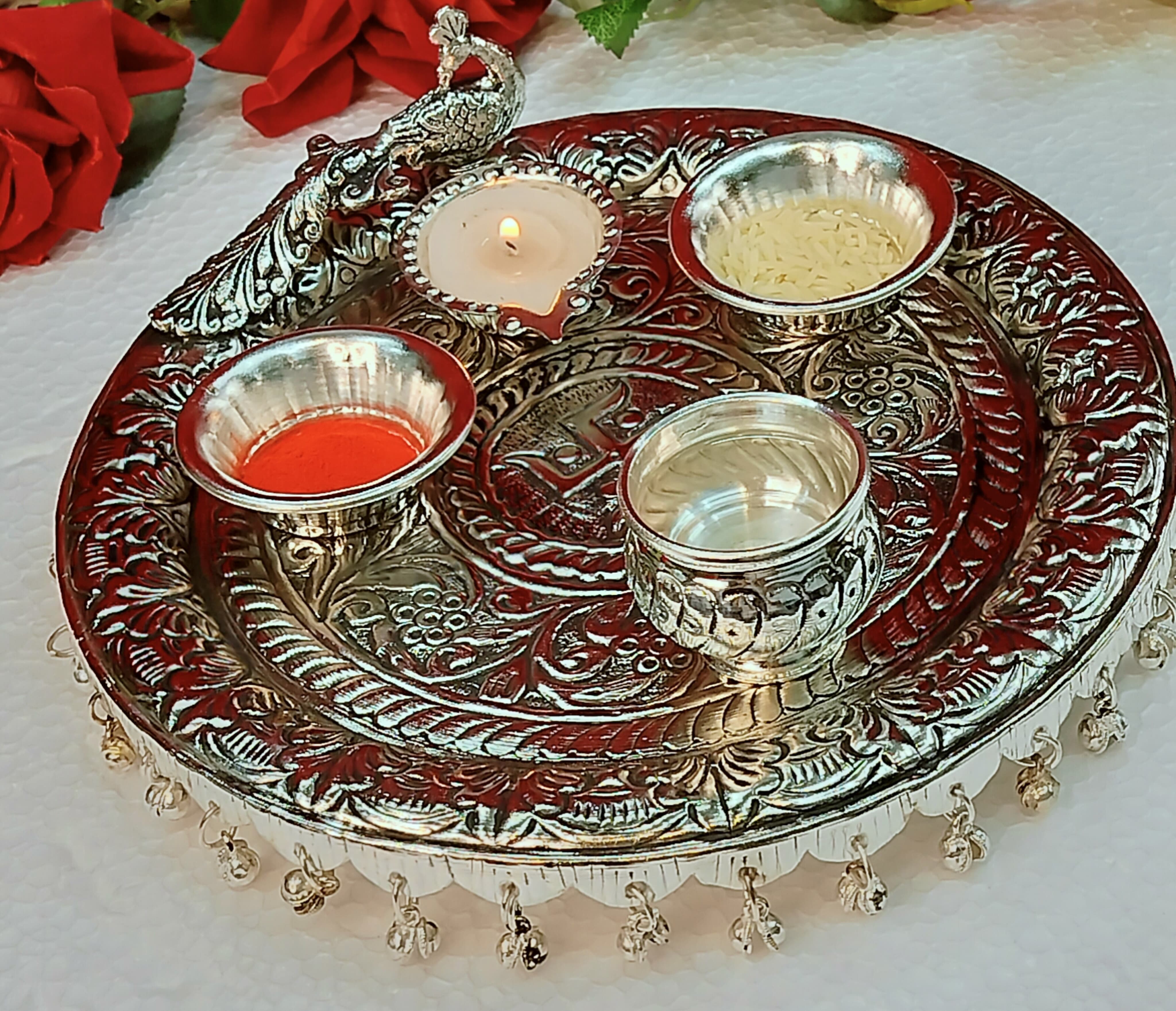 German silver peacock design Ghungaru Aarti thali set of 4 pieces