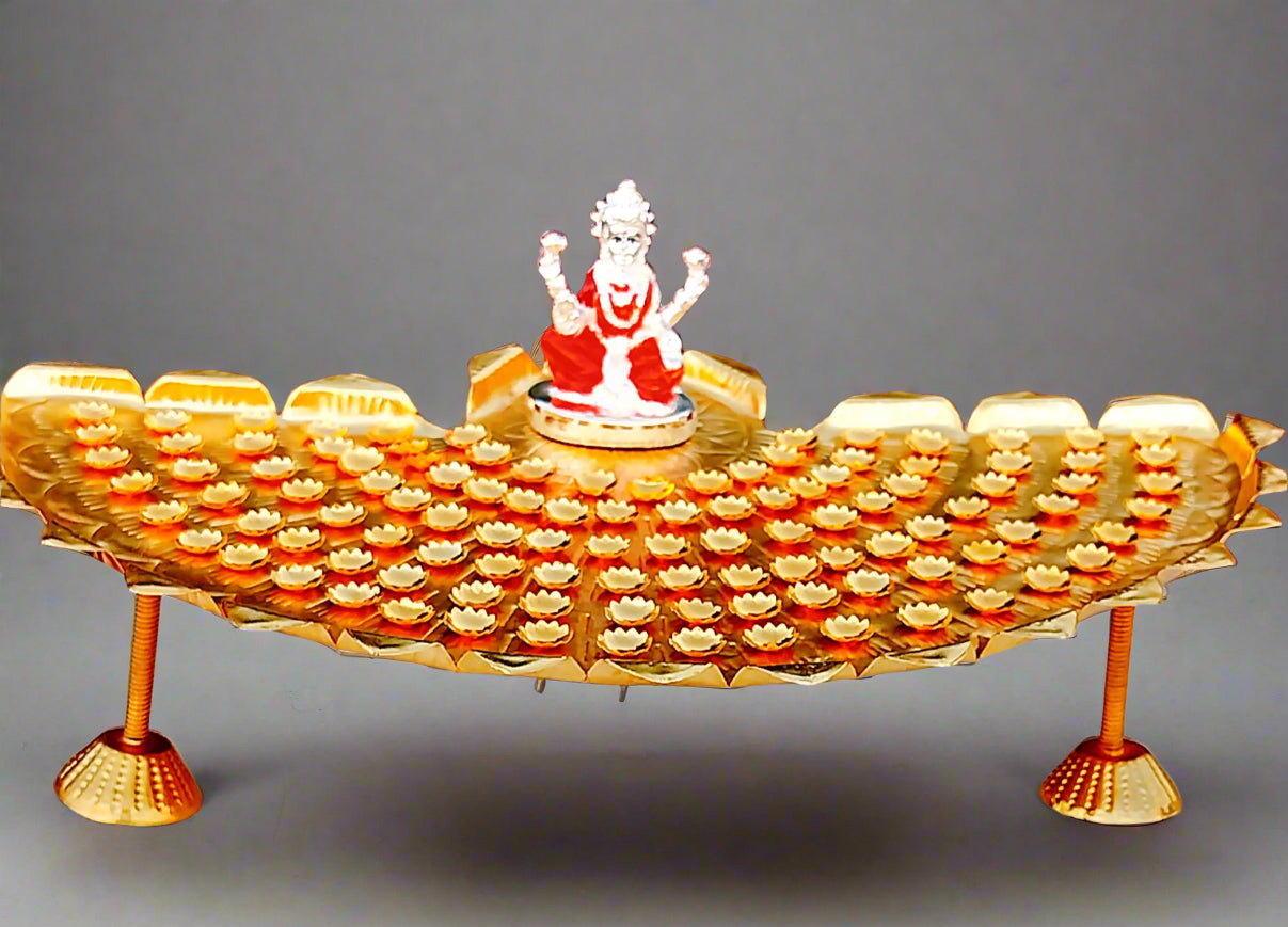 german silver golden flower stand with lakshmi and flower for varalakshmi pooja/ diwali/housewarming