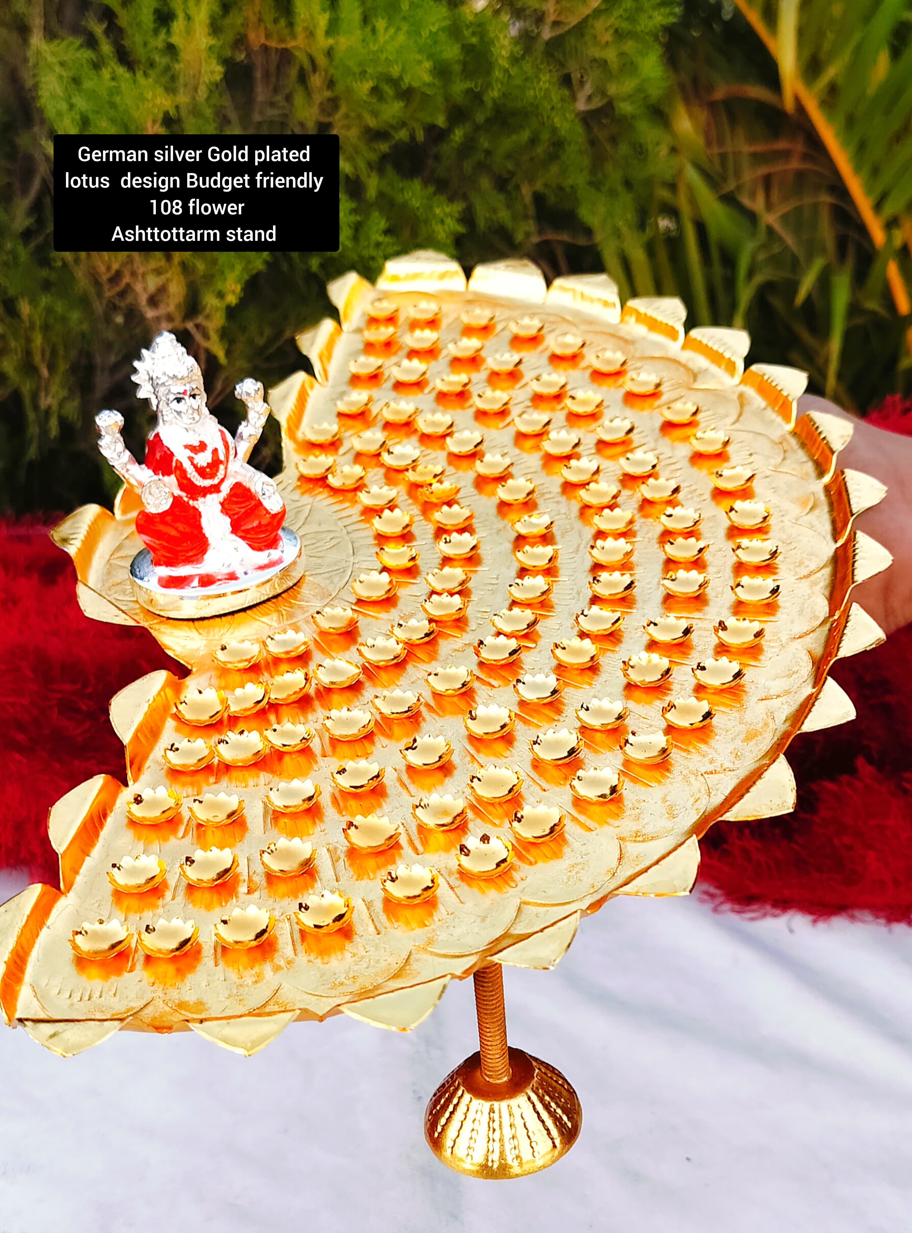 german silver golden flower stand with lakshmi and flower for varalakshmi pooja/ diwali/housewarming