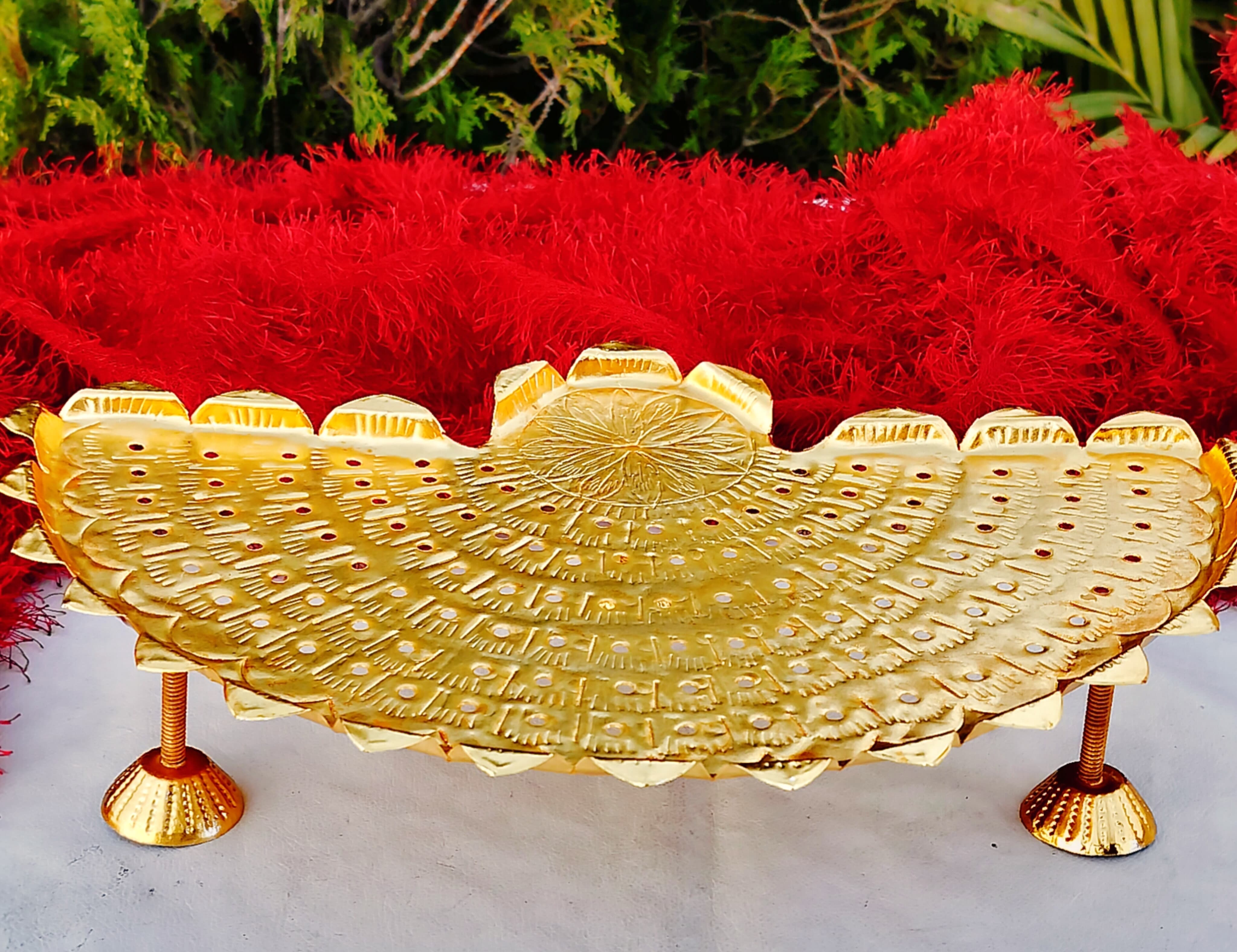 german silver golden flower stand with lakshmi and flower for varalakshmi pooja/ diwali/housewarming