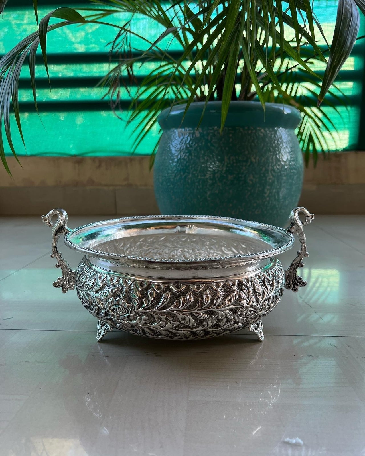 german silver peacock fully carved urli bowl with stand for housewarming/ diwali decor