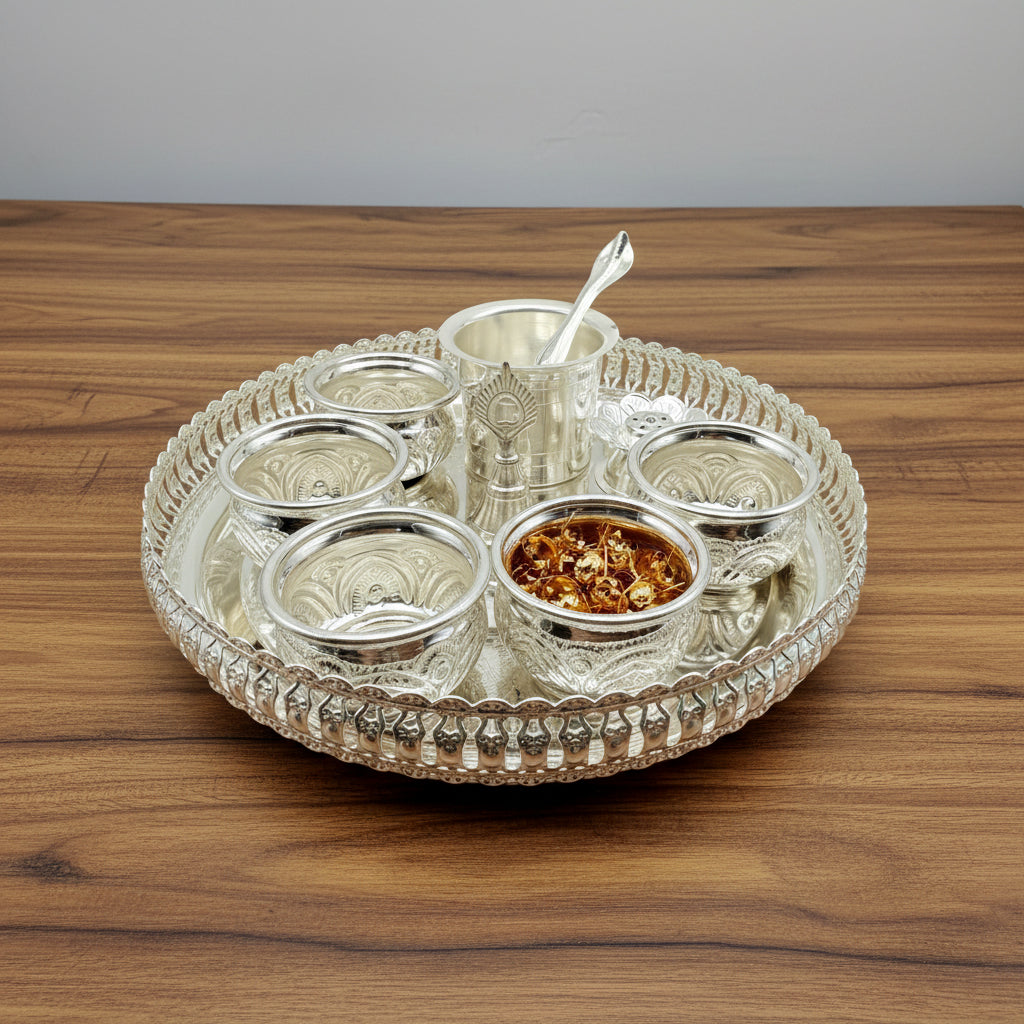 German Silver Pooja Thali Set – 10 Pieces – Varalakshmi Festival / Diwali Puja Essentials