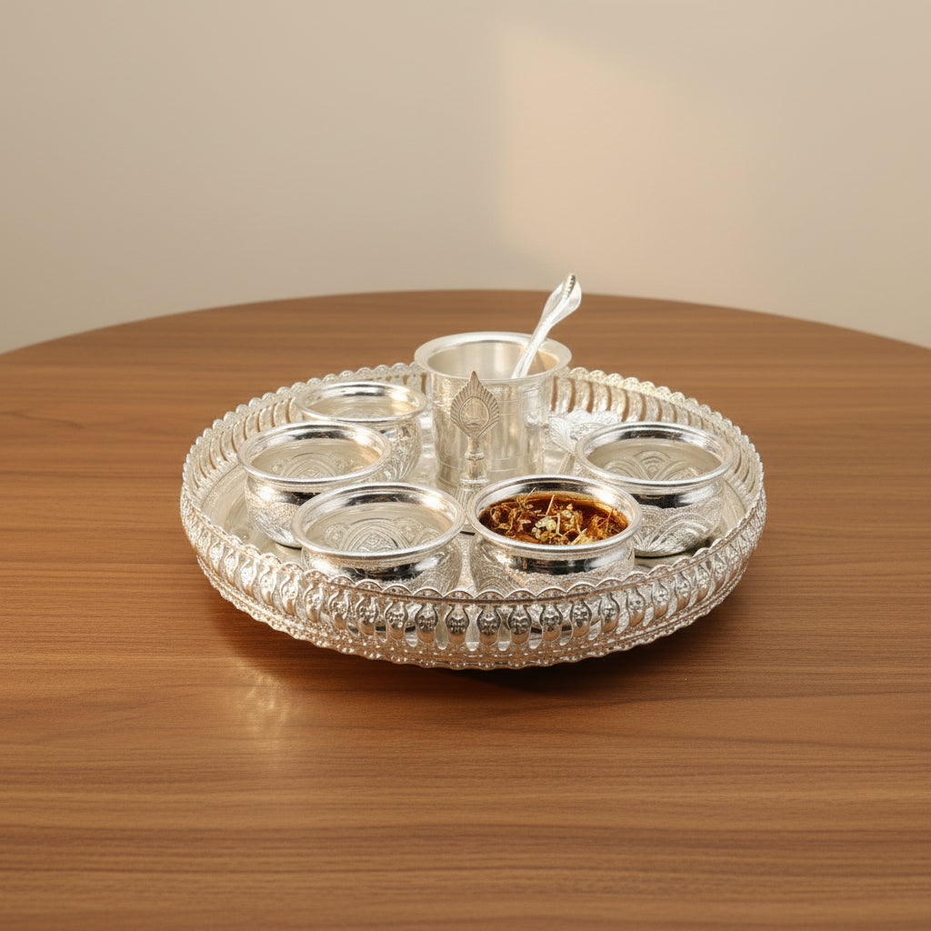 German Silver Pooja Thali Set – 10 Pieces – Varalakshmi Festival / Diwali Puja Essentials