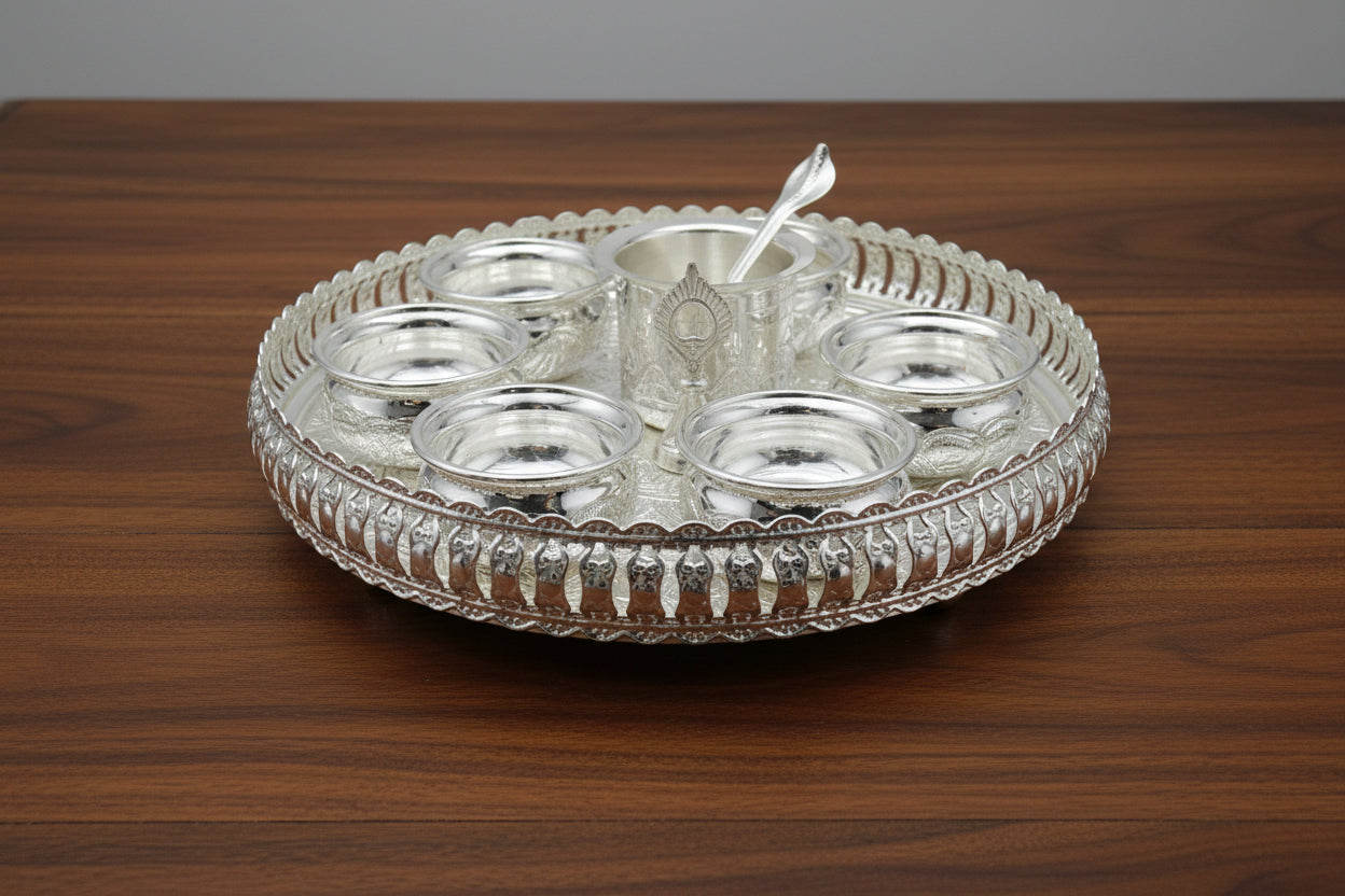 German Silver Pooja Thali Set – 10 Pieces – Varalakshmi Festival / Diwali Puja Essentials