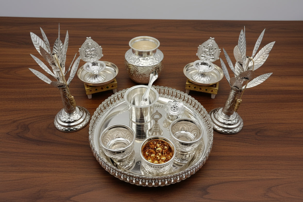 German Silver Pooja Thali Set – 17 Pieces – Varalakshmi Festival / Diwali Puja Essentials