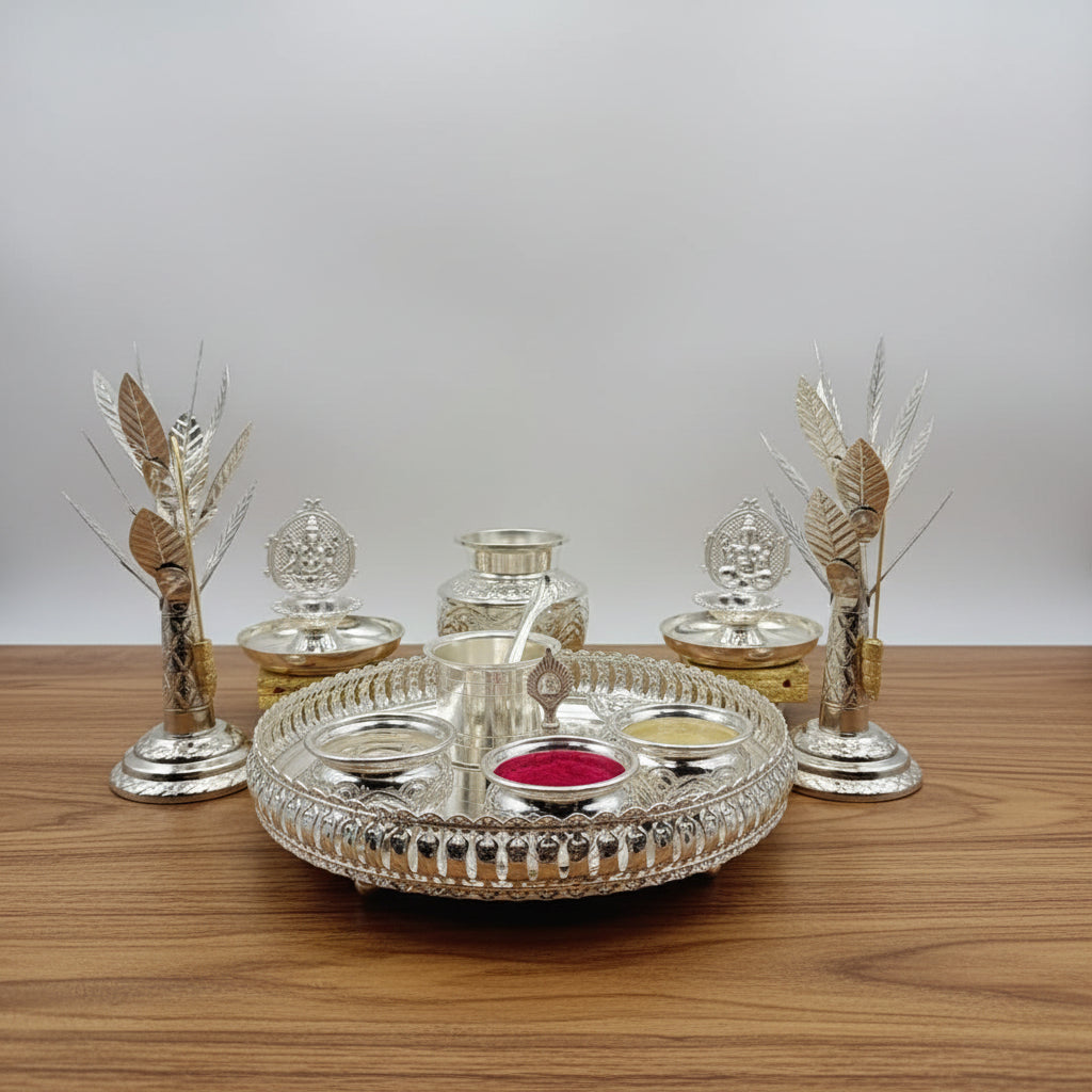 German Silver Pooja Thali Set – 17 Pieces – Varalakshmi Festival / Diwali Puja Essentials