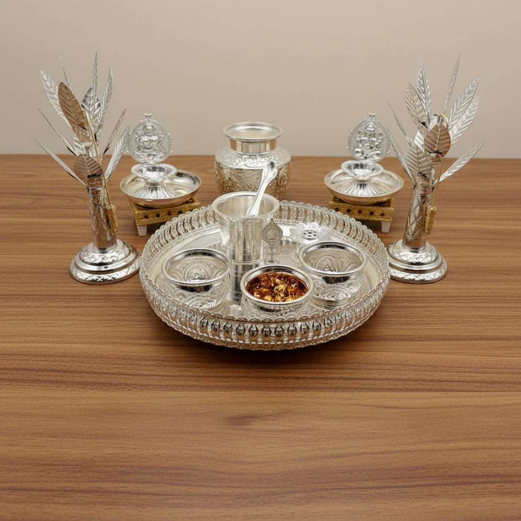German Silver Pooja Thali Set – 17 Pieces – Varalakshmi Festival / Diwali Puja Essentials