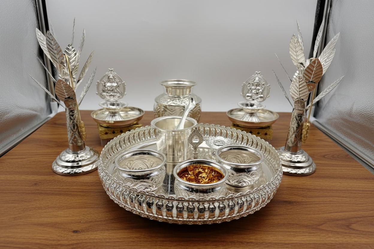 German Silver Pooja Thali Set – 17 Pieces – Varalakshmi Festival / Diwali Puja Essentials