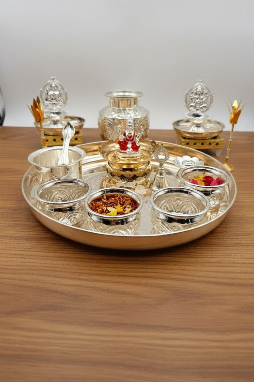 German Silver Pooja Thali Set – 20 Pieces – Varalakshmi Festival / Diwali Puja Essentials