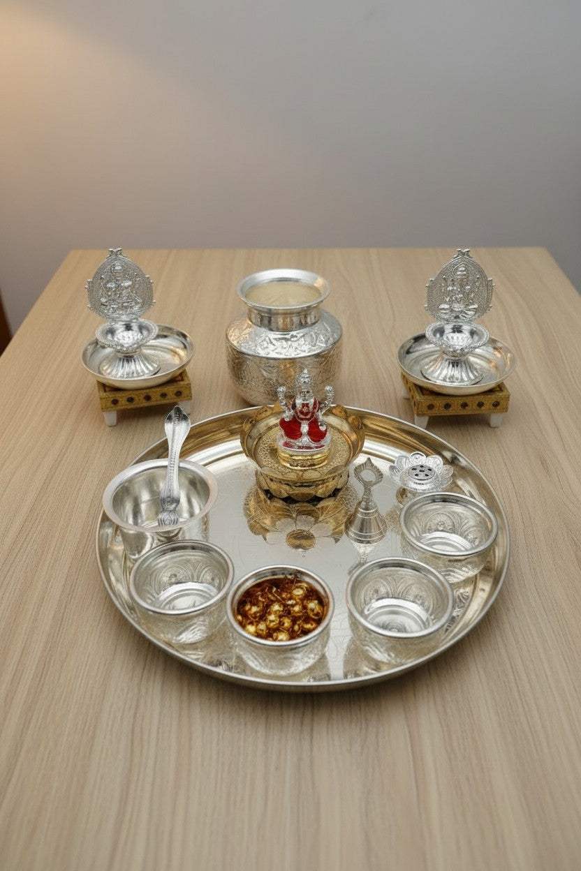 German Silver Pooja Thali Set – 20 Pieces – Varalakshmi Festival / Diwali Puja Essentials