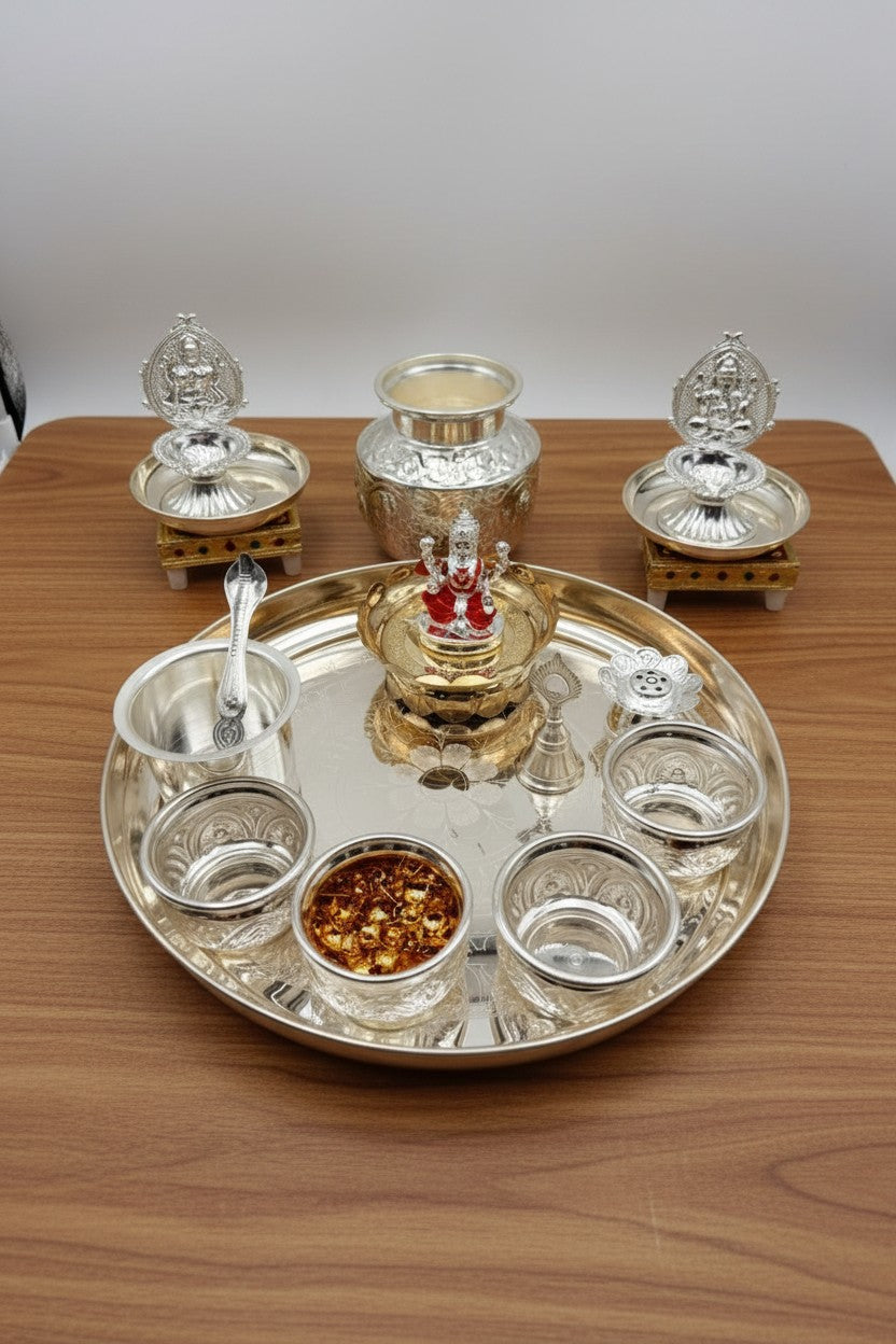 German Silver Pooja Thali Set – 20 Pieces – Varalakshmi Festival / Diwali Puja Essentials