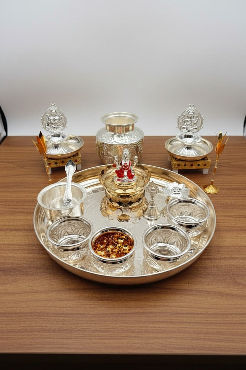 German Silver Pooja Thali Set – 20 Pieces – Varalakshmi Festival / Diwali Puja Essentials