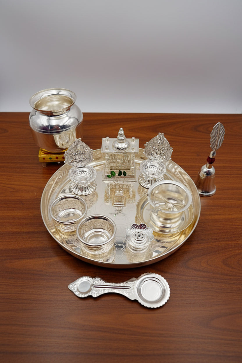 German Silver Pooja Thali Set – 14 Pieces – Varalakshmi Festival / Diwali Puja Essentials