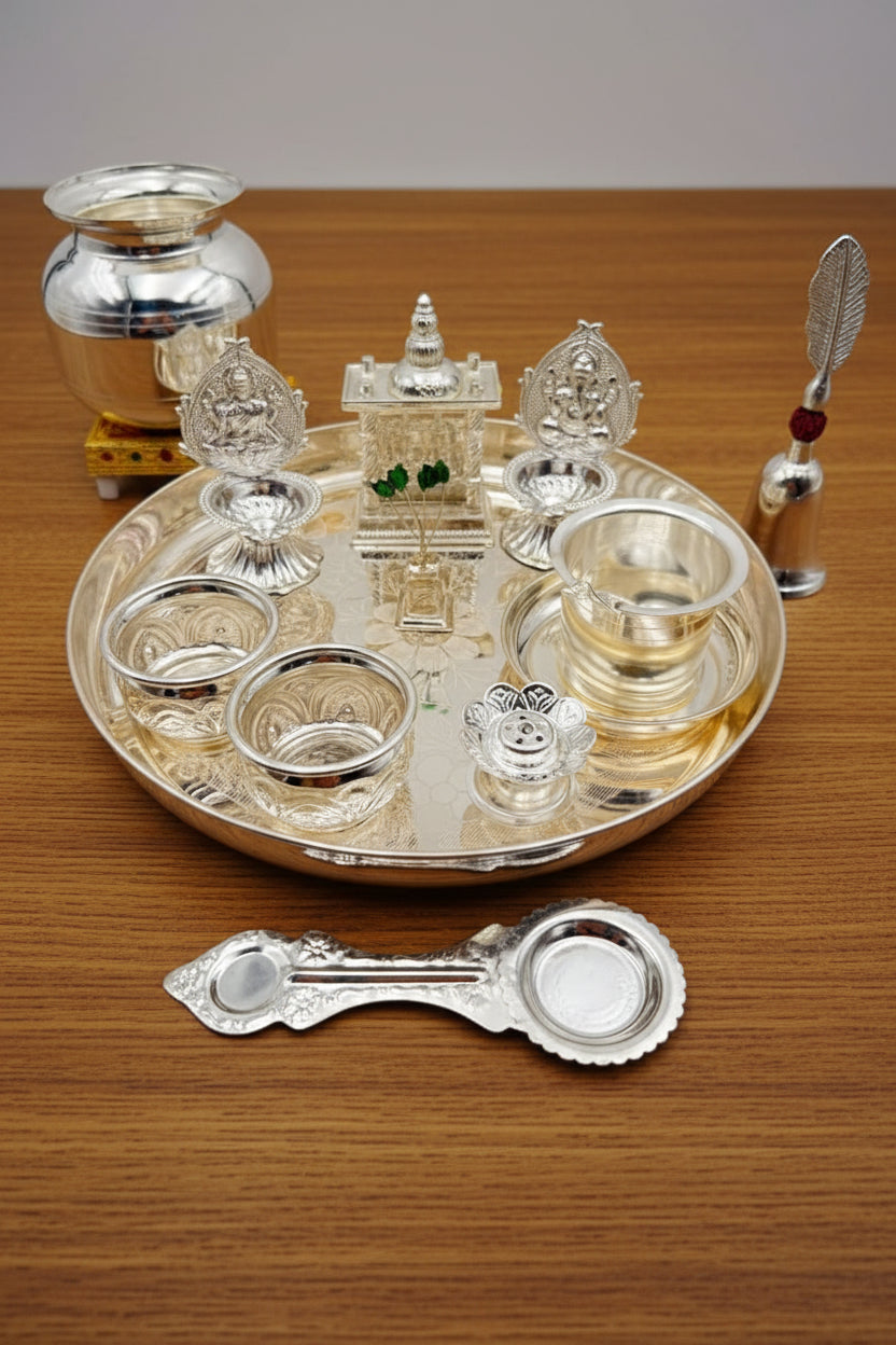 German Silver Pooja Thali Set – 14 Pieces – Varalakshmi Festival / Diwali Puja Essentials