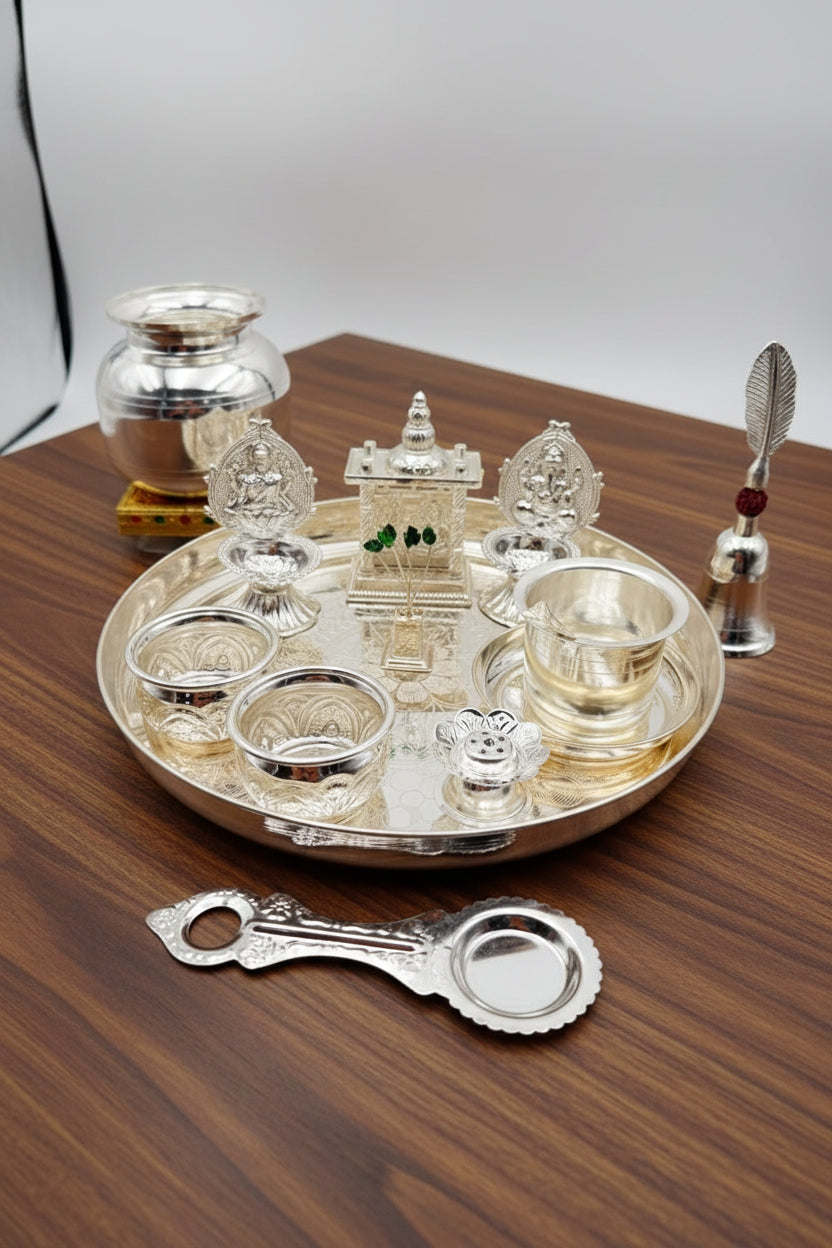 German Silver Pooja Thali Set – 14 Pieces – Varalakshmi Festival / Diwali Puja Essentials