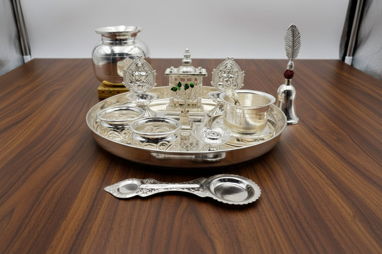 German Silver Pooja Thali Set – 14 Pieces – Varalakshmi Festival / Diwali Puja Essentials