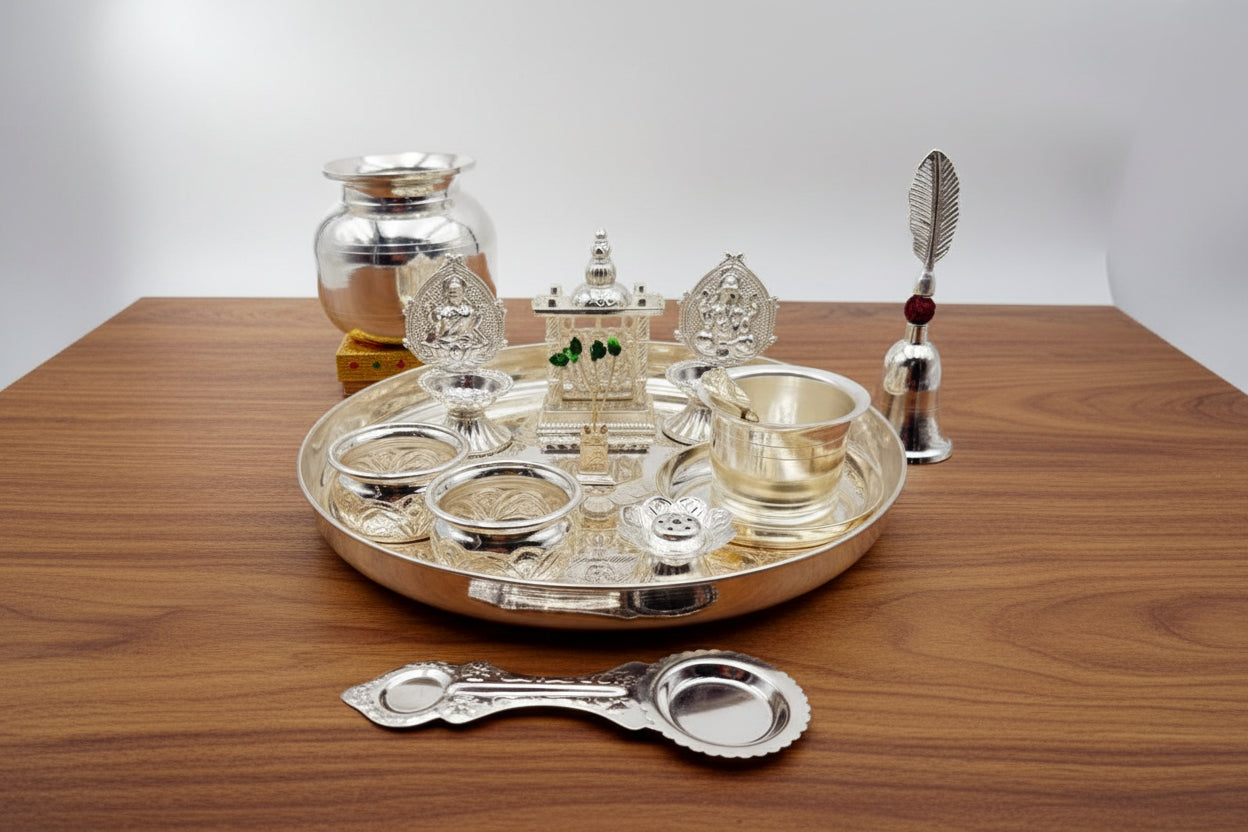 German Silver Pooja Thali Set – 14 Pieces – Varalakshmi Festival / Diwali Puja Essentials
