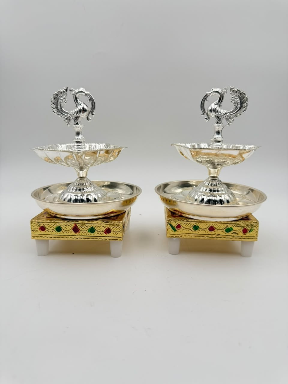 German Silver Peacock Diya with Stool & Plate – Antique Finish Pooja Set
