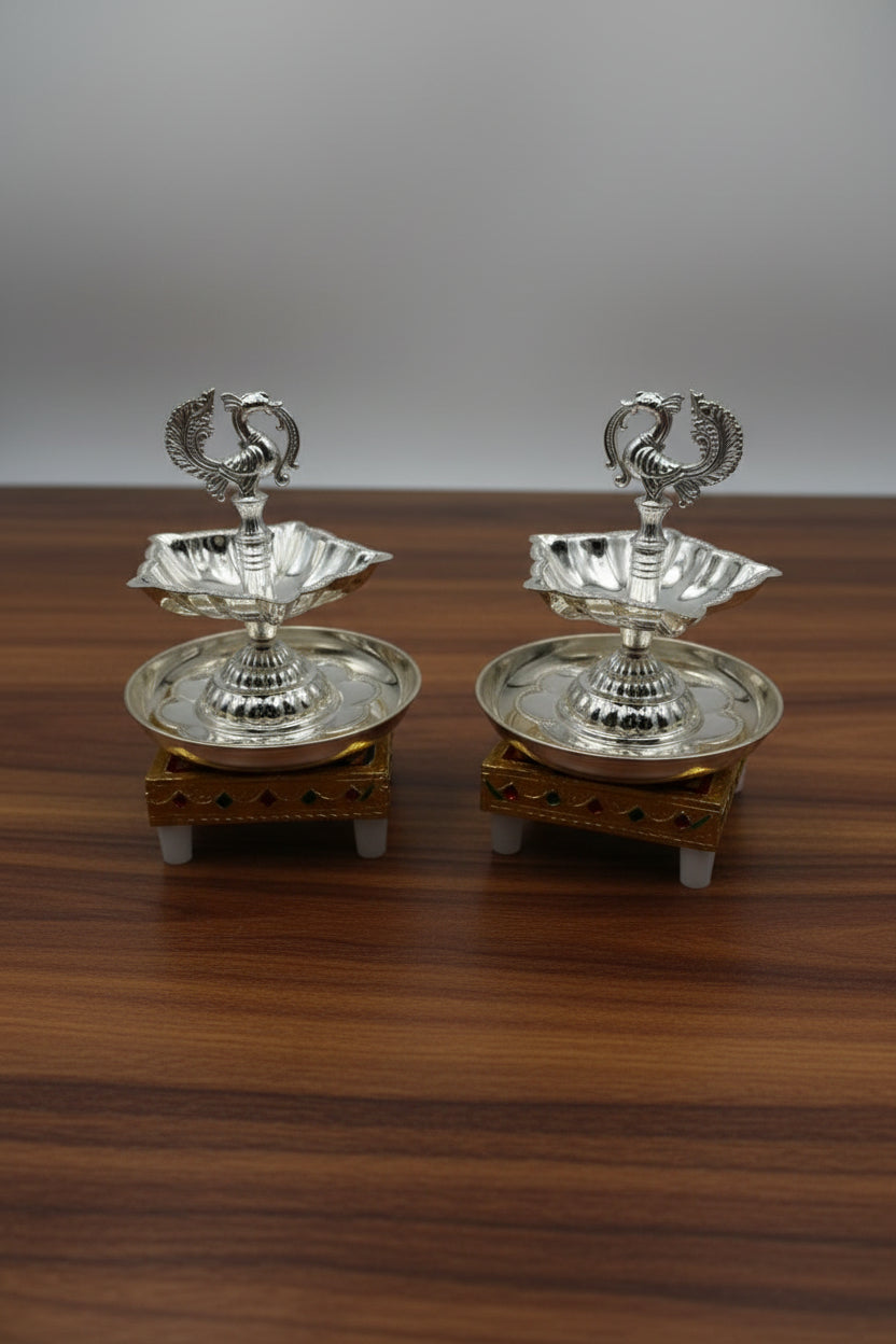 German Silver Peacock Diya with Stool & Plate – Antique Finish Pooja Set