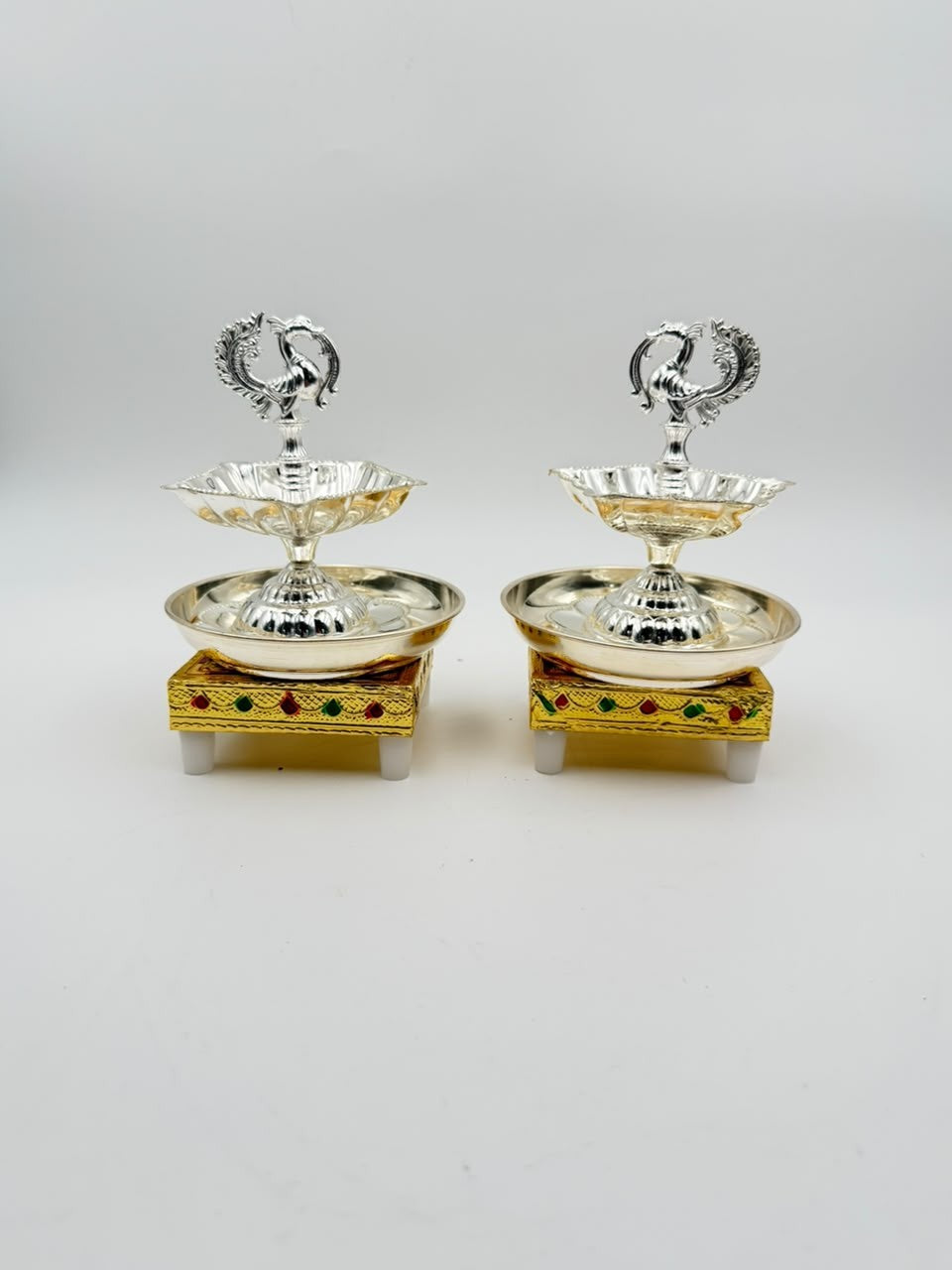 German Silver Peacock Diya with Stool & Plate – Antique Finish Pooja Set