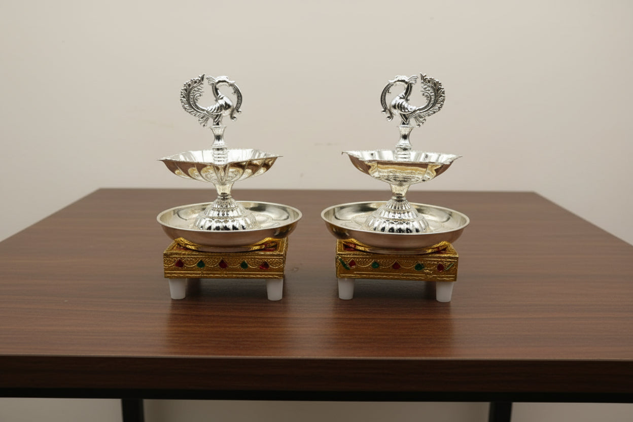 German Silver Peacock Diya with Stool & Plate – Antique Finish Pooja Set
