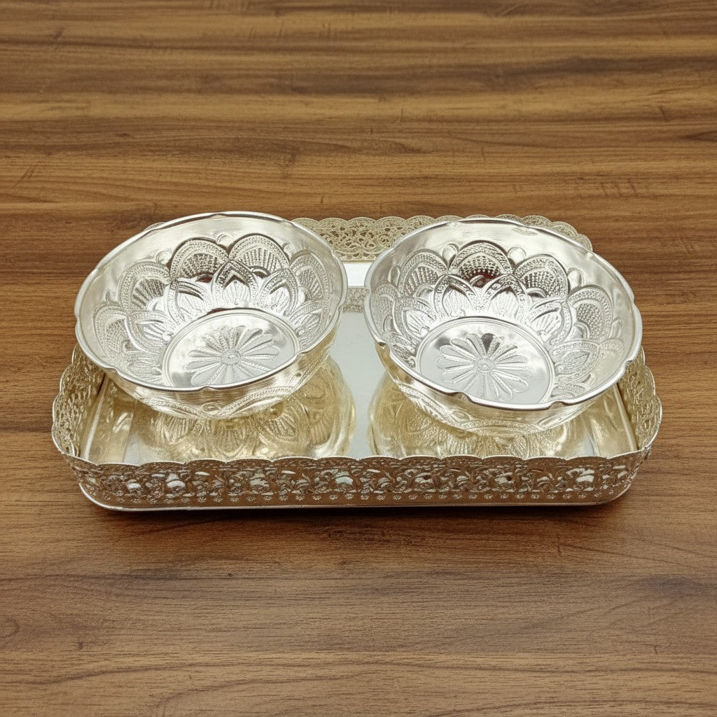 German Silver 9" Tray with Bowl Set – Elegant Serving for Sweets, Prasadam, Snacks & Festive Gifting