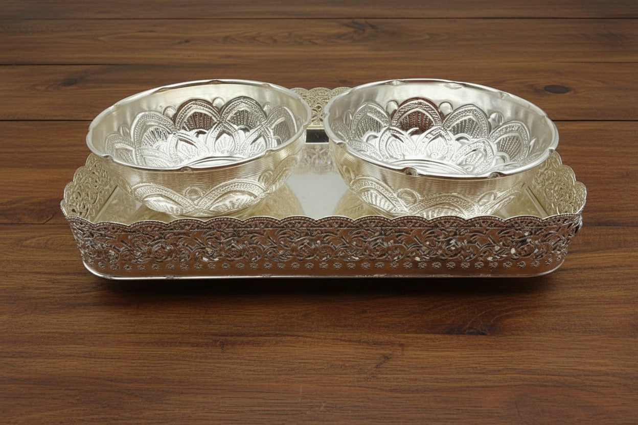German Silver 9" Tray with Bowl Set – Elegant Serving for Sweets, Prasadam, Snacks & Festive Gifting