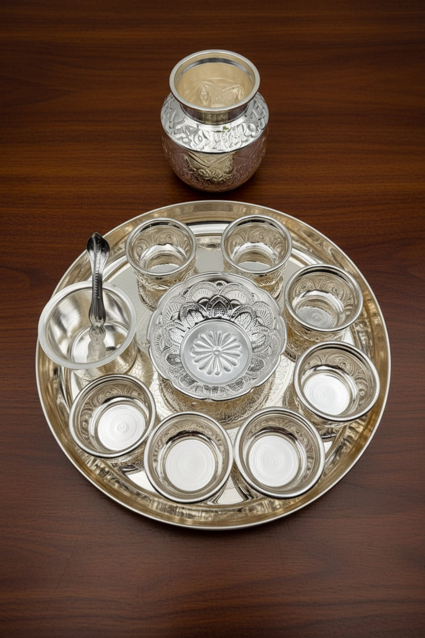 German Silver Pooja Thali Set – 11 Pieces – Varalakshmi Festival / Diwali Puja Essentials