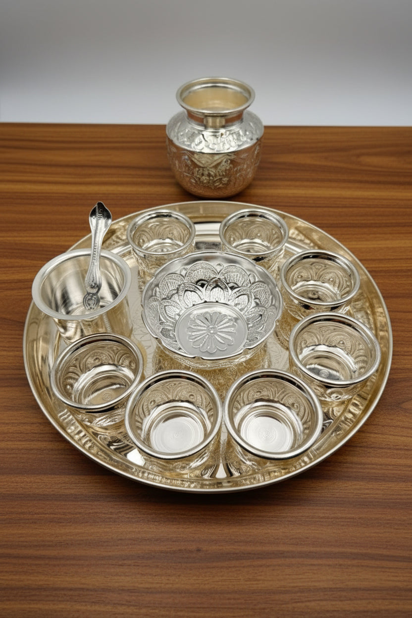 German Silver Pooja Thali Set – 11 Pieces – Varalakshmi Festival / Diwali Puja Essentials