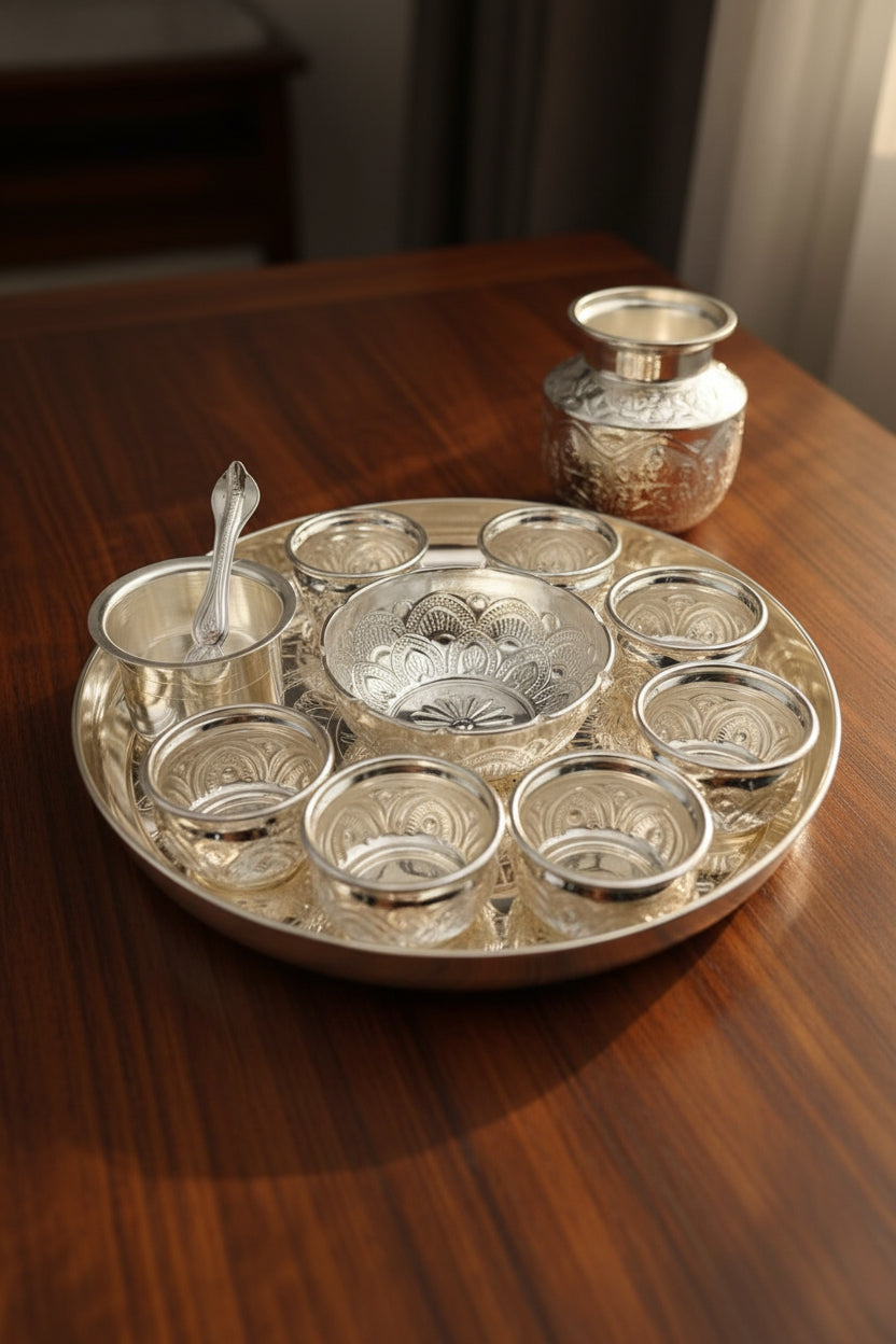 German Silver Pooja Thali Set – 11 Pieces – Varalakshmi Festival / Diwali Puja Essentials