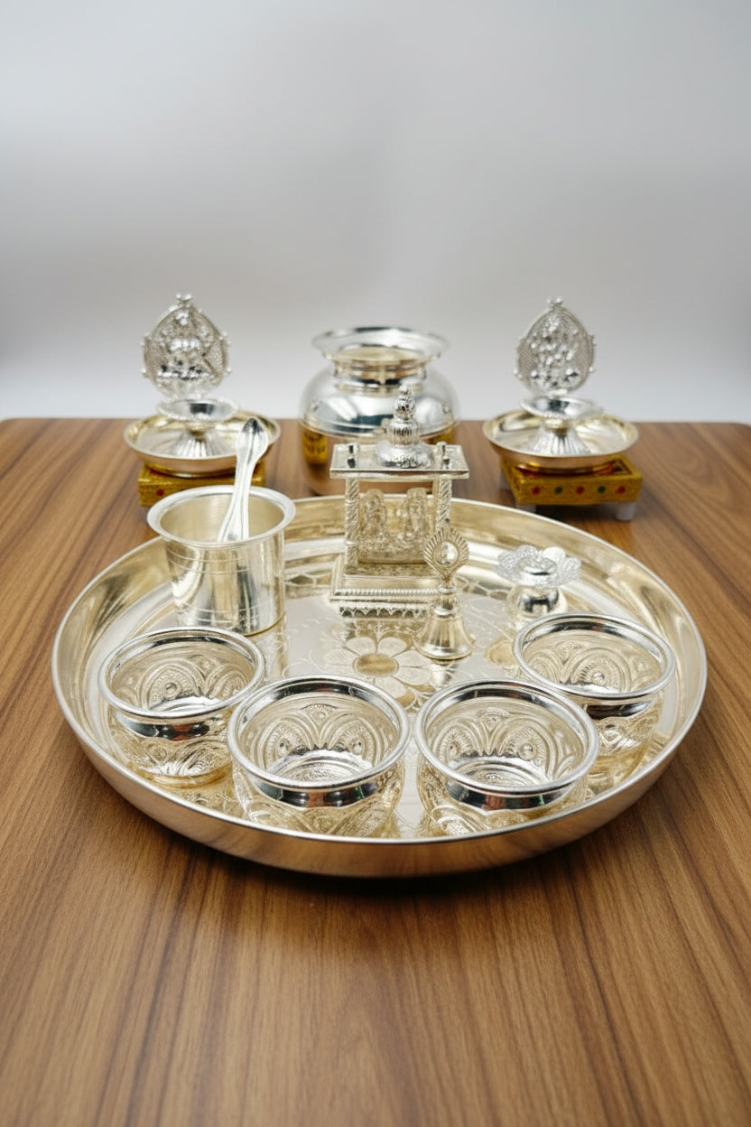 German Silver Pooja Thali Set – 16 Pieces – Varalakshmi Festival / Diwali Puja Essentials