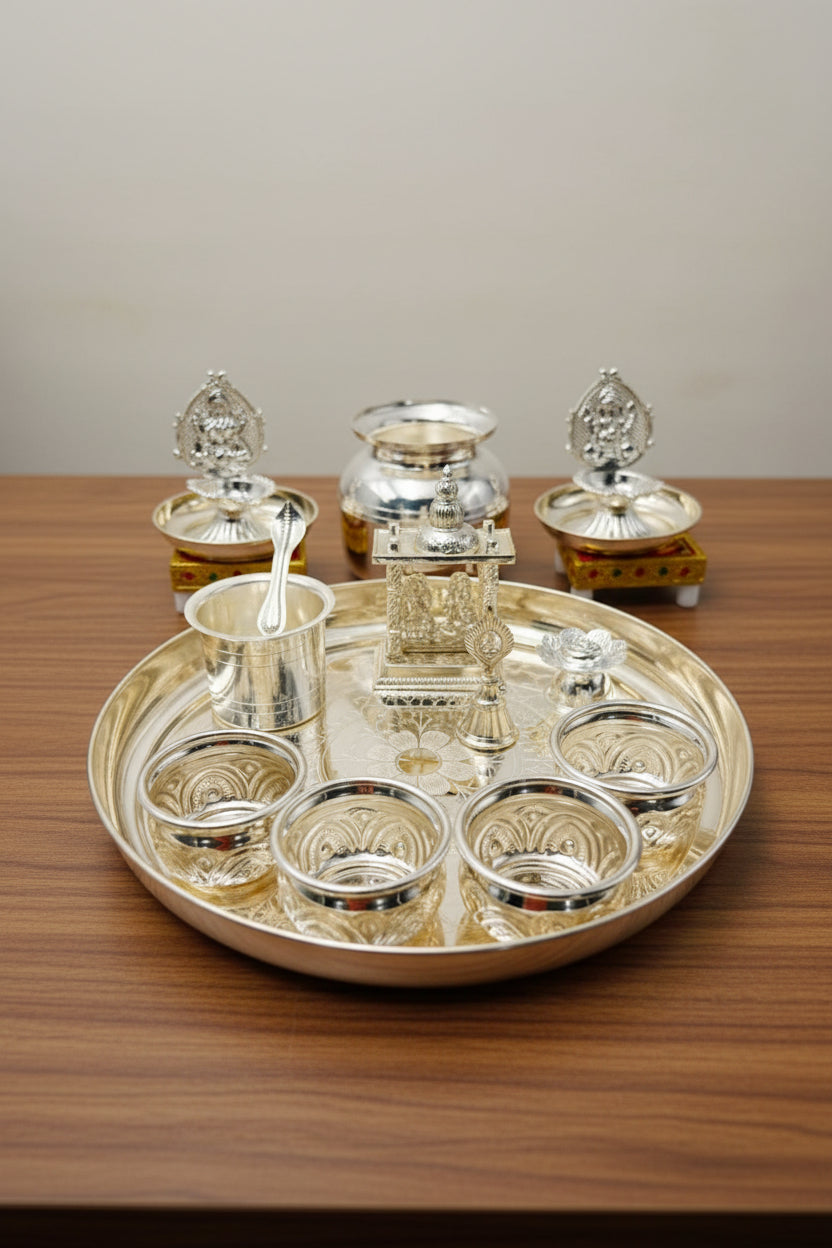 German Silver Pooja Thali Set – 16 Pieces – Varalakshmi Festival / Diwali Puja Essentials